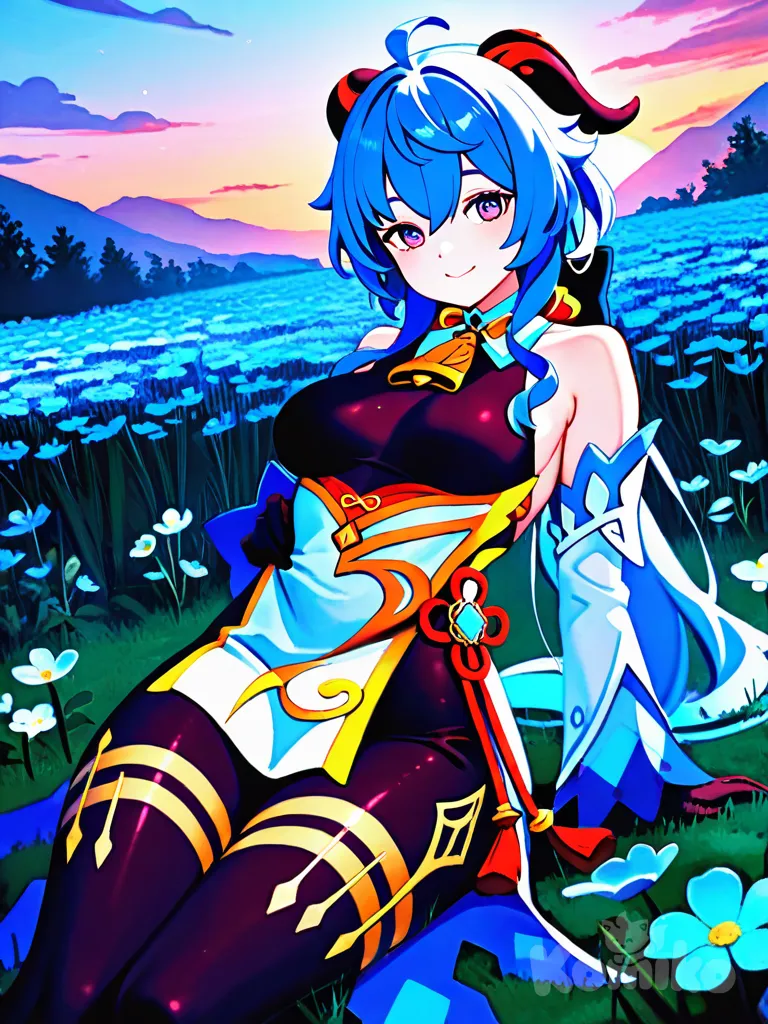 @Ganyu_(Genshin_Impact) Lying down, nature, flowers, dusk, smile, looking at viewer