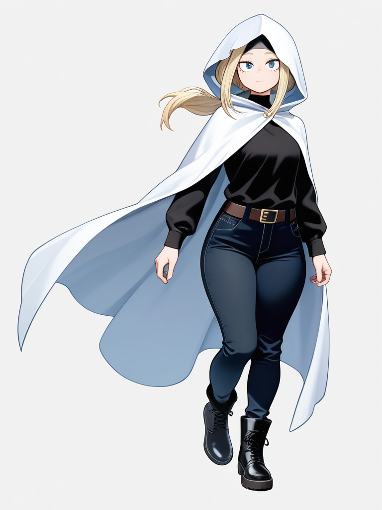 1girl, my_hero_academia, tall, curvy, teen, blonde_hair, straight_hair, low_ponytail, blue_eyes, pale_skin, headband, black_shirt, long_sleeves, black_pants, baggy_pants, white_boots, black footwear soles, metal claws, white_cloak, hood, single character, full body, looking at viewer, simple background, white background