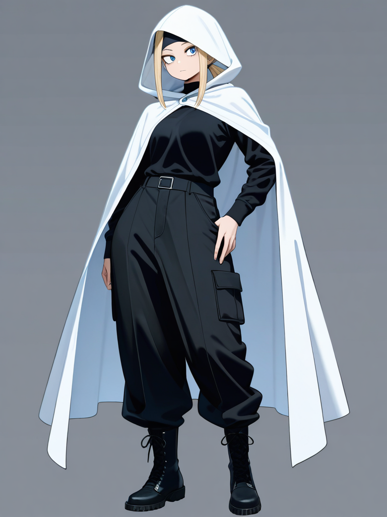 1girl, my_hero_academia, tall, curvy, teen, blonde_hair, straight_hair, low_ponytail, blue_eyes, pale_skin, headband, black_shirt, long_sleeves, black_pants, baggy_pants, white_boots, black footwear soles, steel claws, white_cloak, hood, single character, full body, looking at viewer, anime style, simple background, white background
