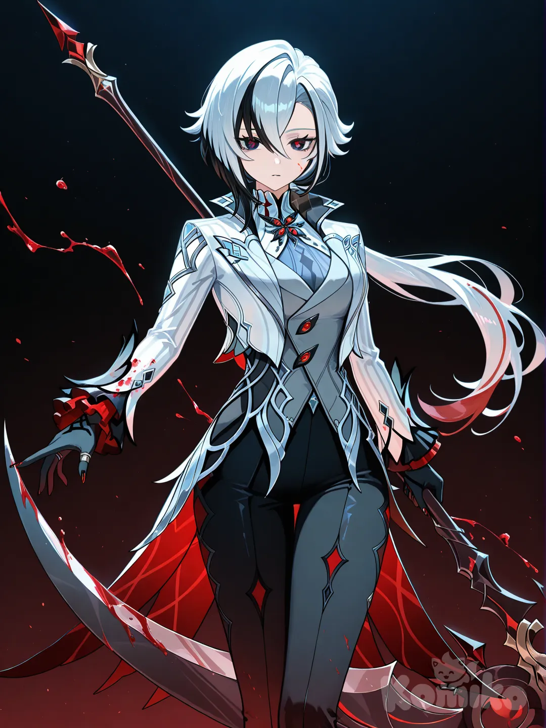 Arlecchino_(Genshin_Impact), holding scythe, dark background, blood on clothes, blood on weapon