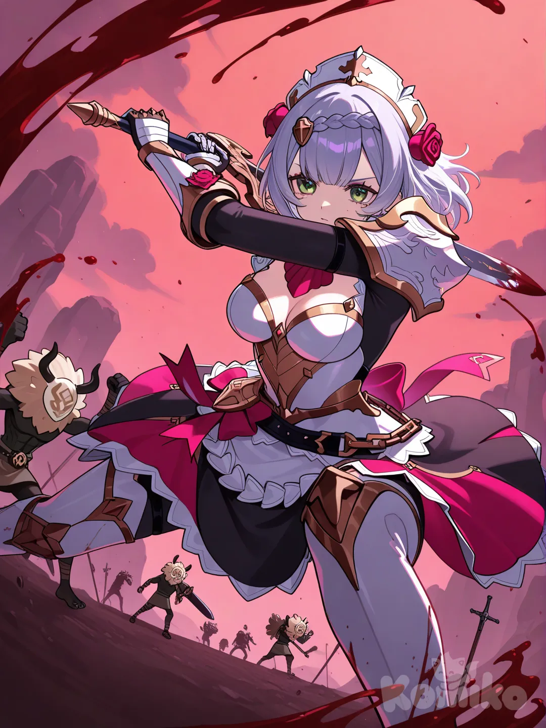 @Noelle_(Genshin_Impact), holding sword, blood on weapon, stab, hilichurl (genshin impact)