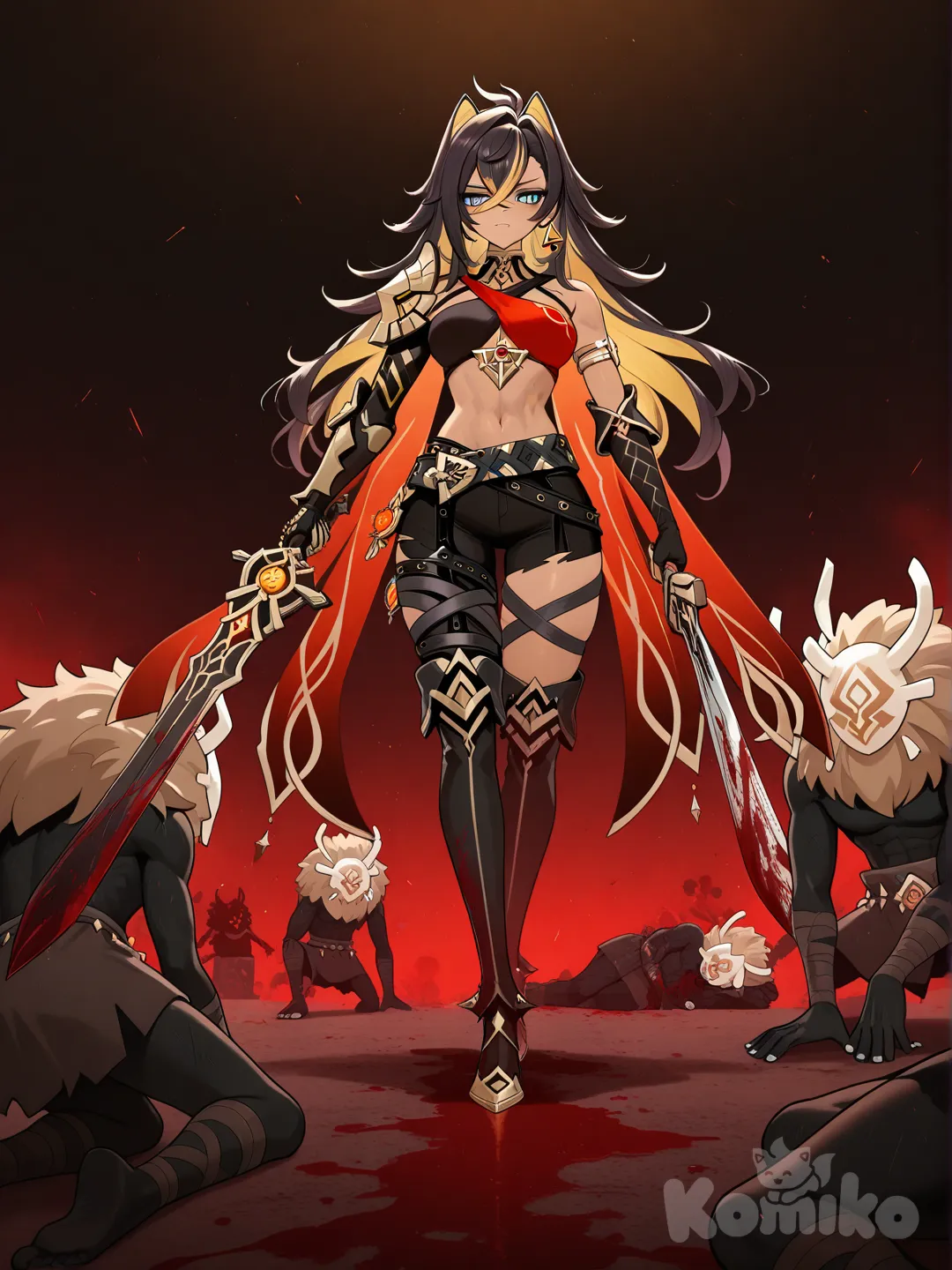 @Dehya_(Genshin_Impact), holding sword, dark background, blood splatter, blood on weapon, hilichurl (genshin impact)