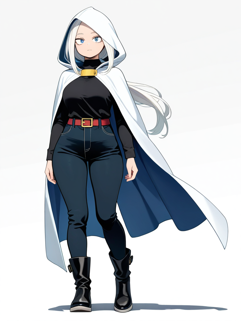 1girl, my hero academia, original character, teenager, tall, slightly curvy, white hair, long hair, low ponytail, fair skin, pale blue eyes, oversized black shirt, long sleeves, oversized black pants, black boots, white soles, white cloak, hood, single character, full body, looking at viewer, anime style, simple background, white background