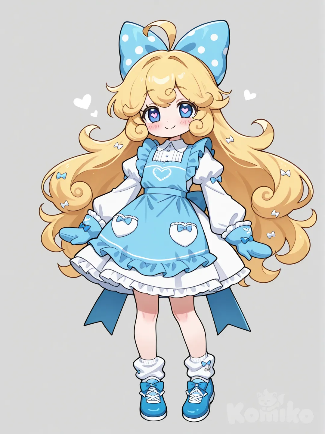 dandy's world, милая черника. Белое платье с длинными рукавами, синий фартук, синие варежки, синий бантик в белый горошек на голову. Блики в форме сердечка на зрачках. Улыбка. Белые носки, синие туфельки. Название персонажа: Blueberrina.