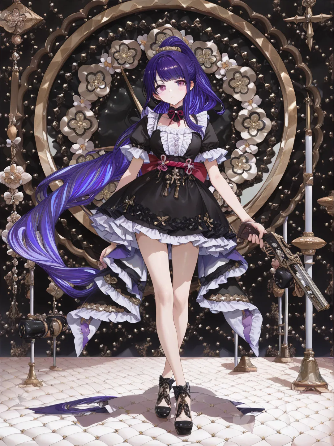 @Raiden_Shogun, [high-gloss-illustration-style], holding gun, lace, ruffles, little black dress, high ponytail, full body