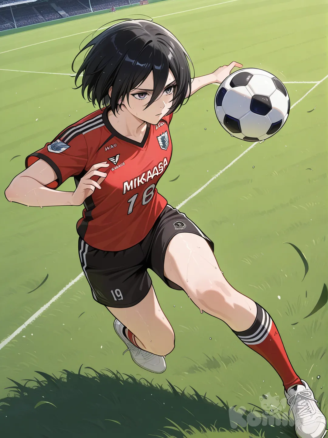 mikasa ackerman, soccer ball, soccer uniform