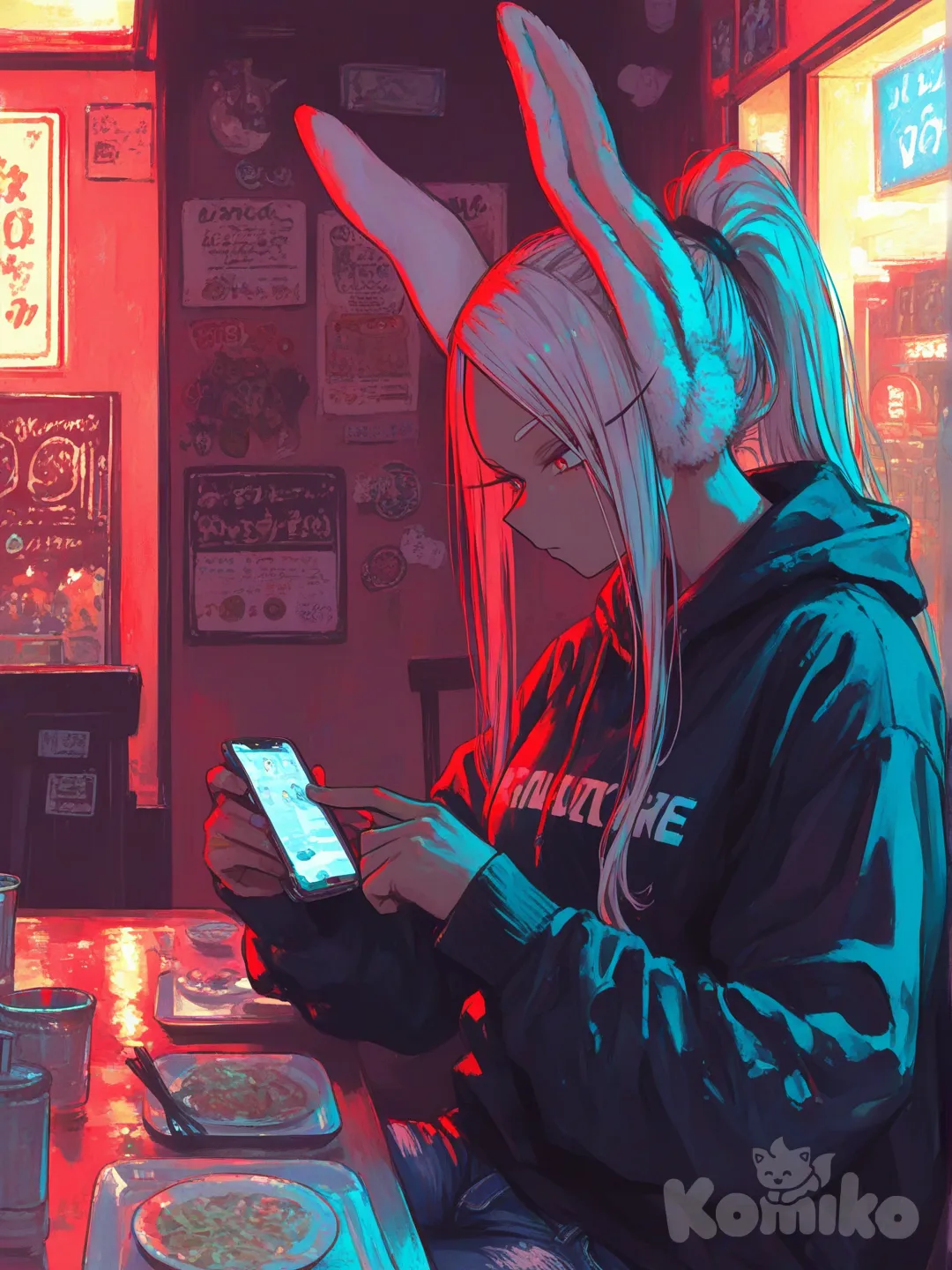 @Mirko, [sweet-painting-style], looking at phone, hoodie, jeans, high ponytail, upper body, top light, restaurant