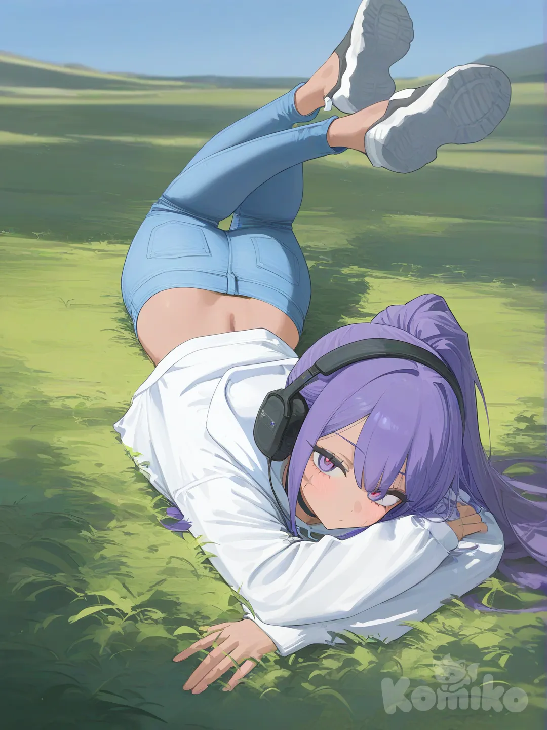 @sora-usagiyama-WTe8 , @Bakugou_Katsuki, [vibrant-anime-style], lie on stomache, gathering together, blush, hoodie, jeans, full body, grassland, day