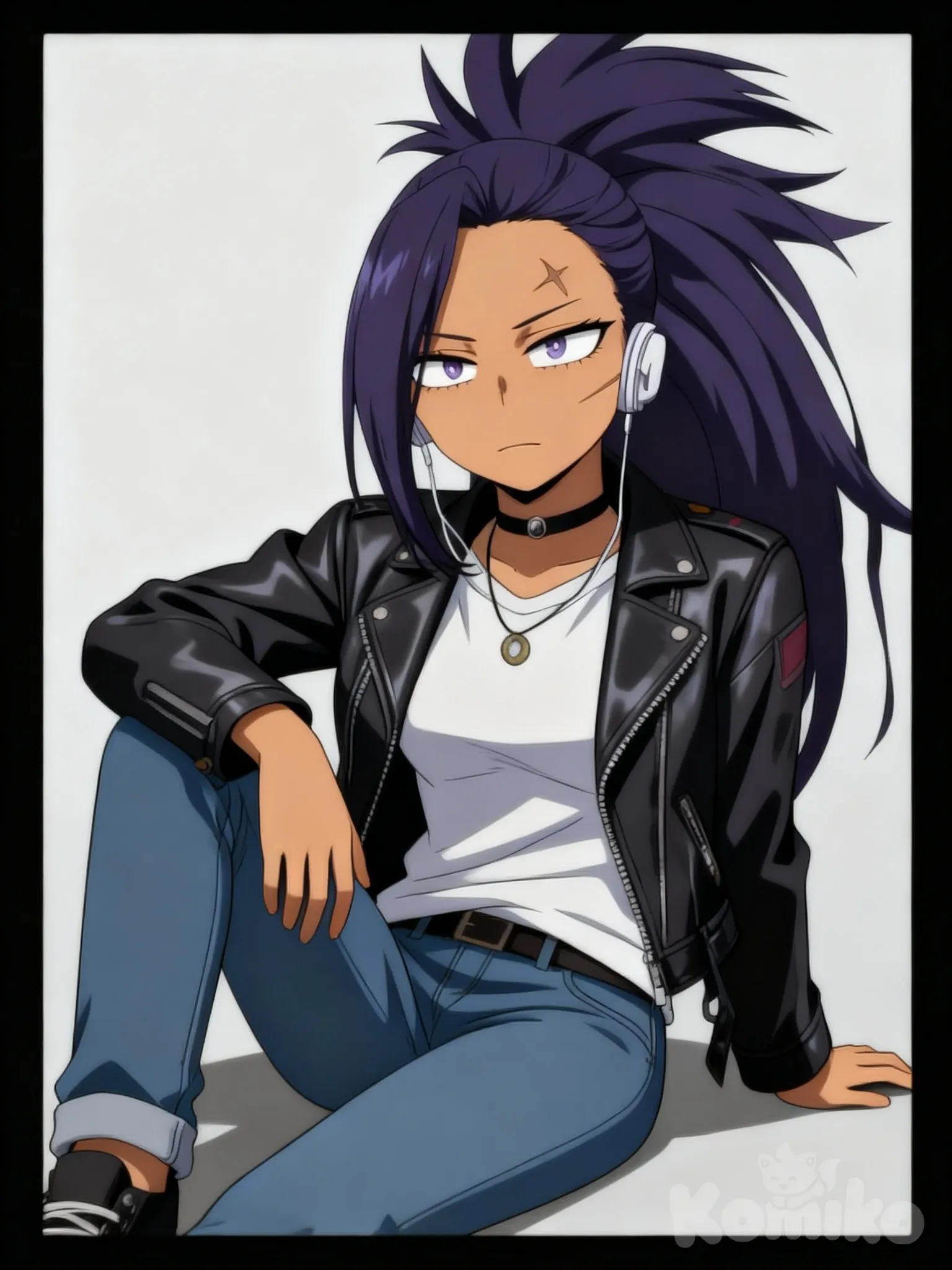@sora-usagiyama-WTe8, [pop-anime-style], expressionless, sitting on the ground, leather jacket, t-shirt, jeans, headphones, necklace, choker