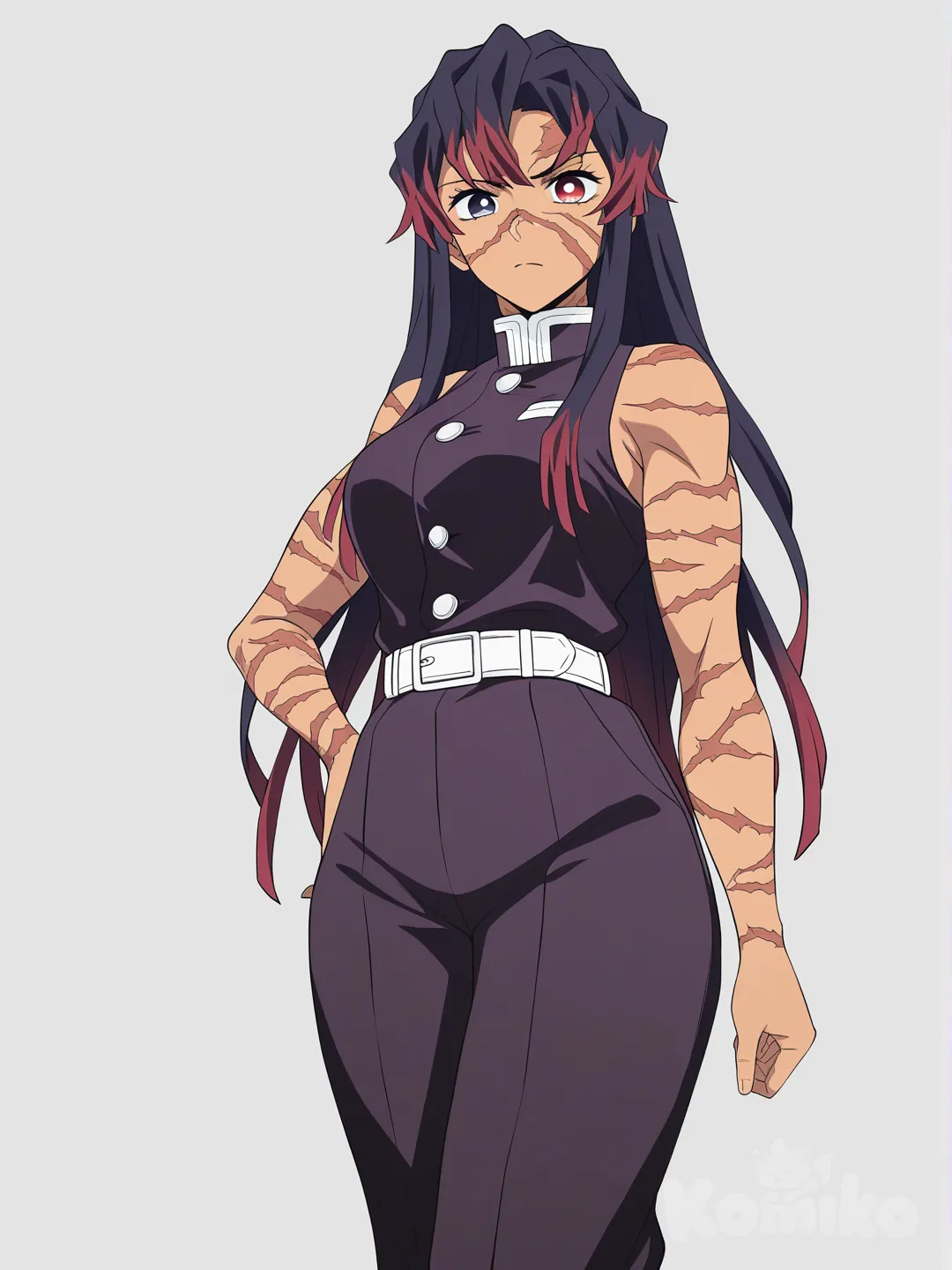 [bright-anime-style] 1girl, teen, athletic, tall_girl, long_hair, purple_hair, hair_up_half, heterochromia, red_eyes, white_eyes, scar, tan, sleeveless, demon_slayer_uniform, demon_slayer_style, single_character, full_body, looking_at_viewer, anime_style, simple_background, white_background