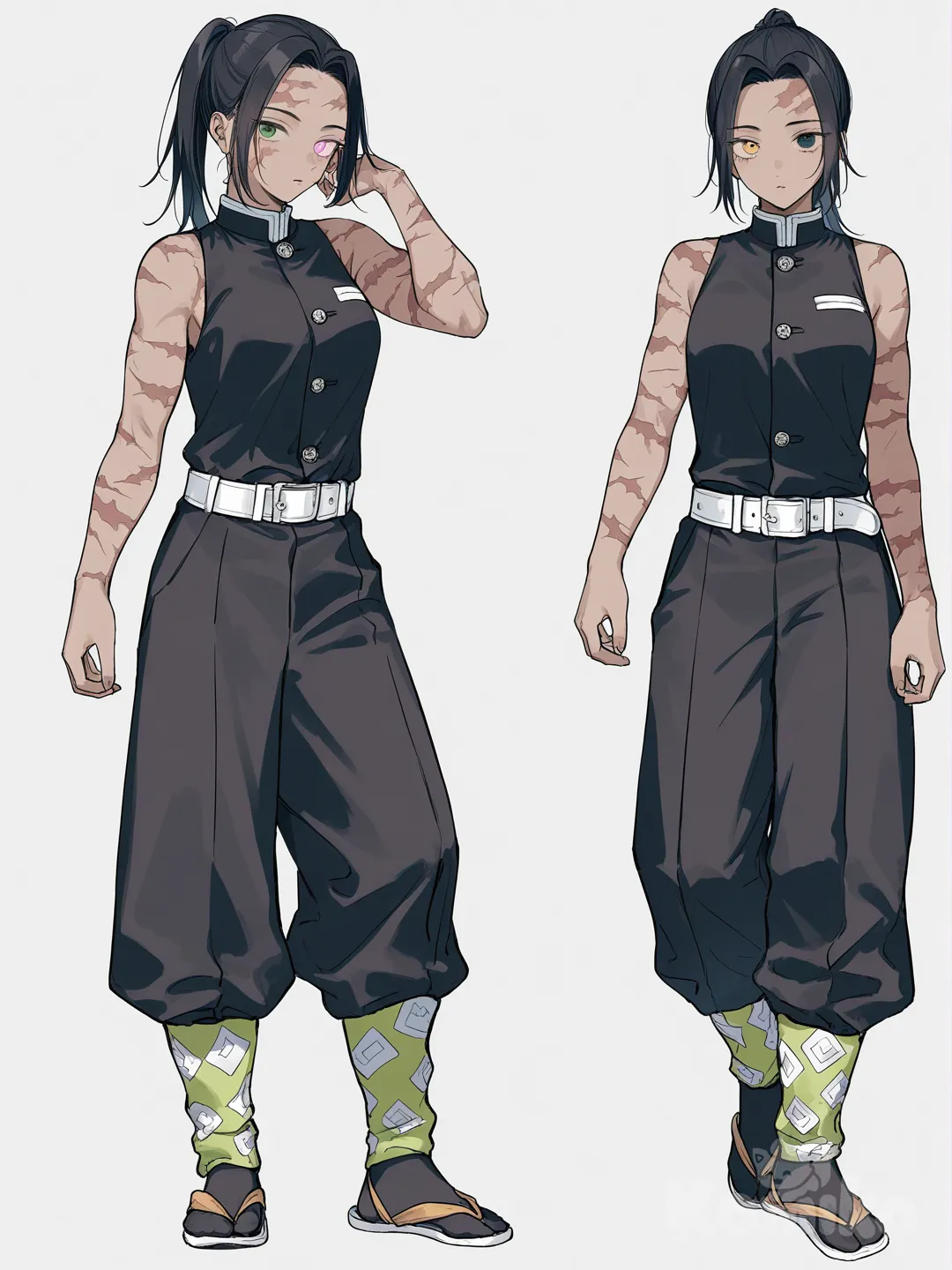 [soft-pastel-style] 1girl, original character, demon slayer style, teenager, mature, athletic, tall, black hair, ponytail, heterochromia, green eye, yellow eye, scar, tan skin, sleeveless, standard demon slayer uniform, single character, full body, looking at viewer, simple background, white background