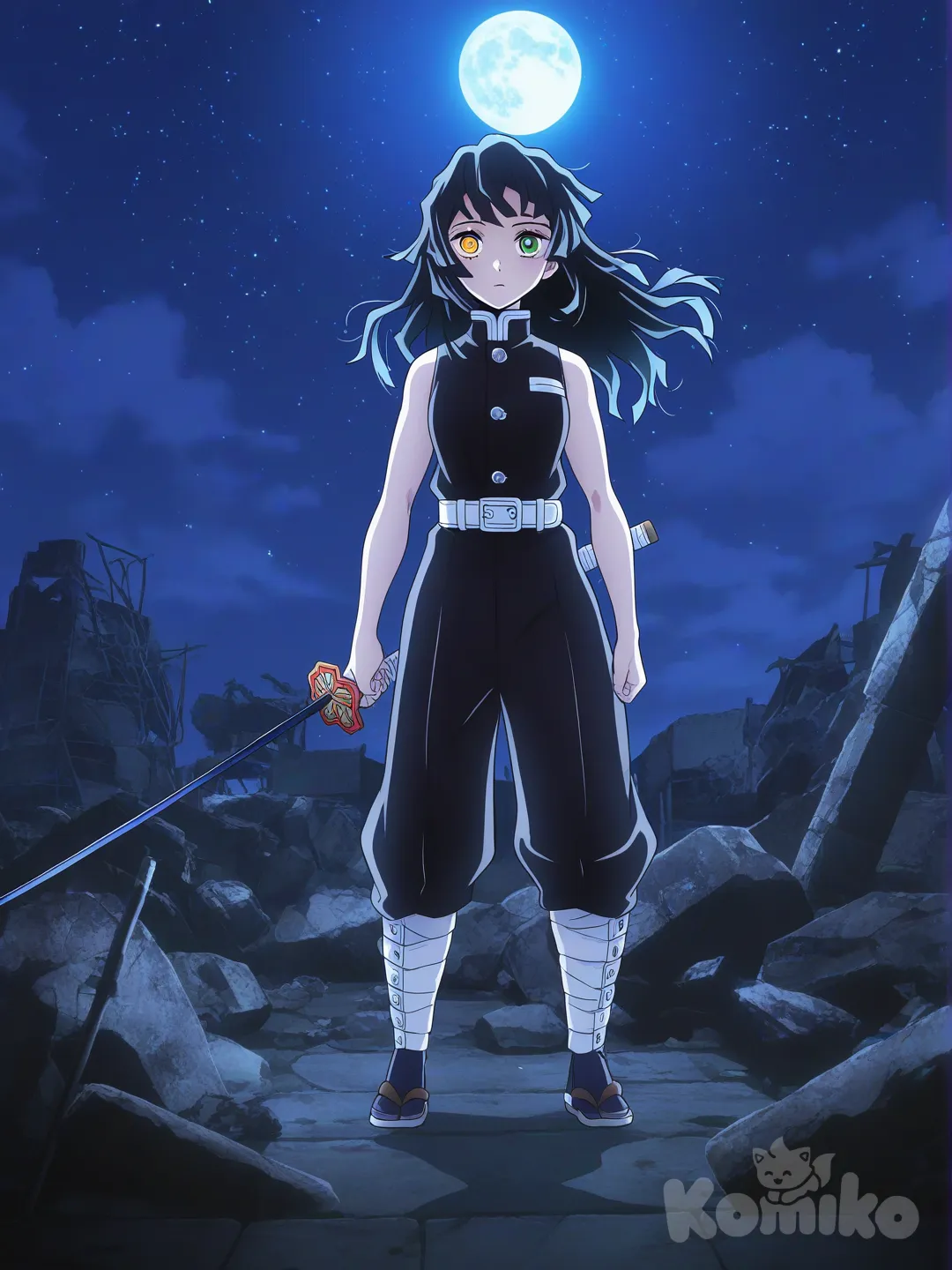 holding sword, expressionless, female sleeveless Demon Slayer Corps uniform, 1girl, [bright-anime-style], long hair,Black hair,coal black hair, full body,Heterochomia green and yellow eyes, front profile photo, ambient light, top light, ruins, starry sky, moon