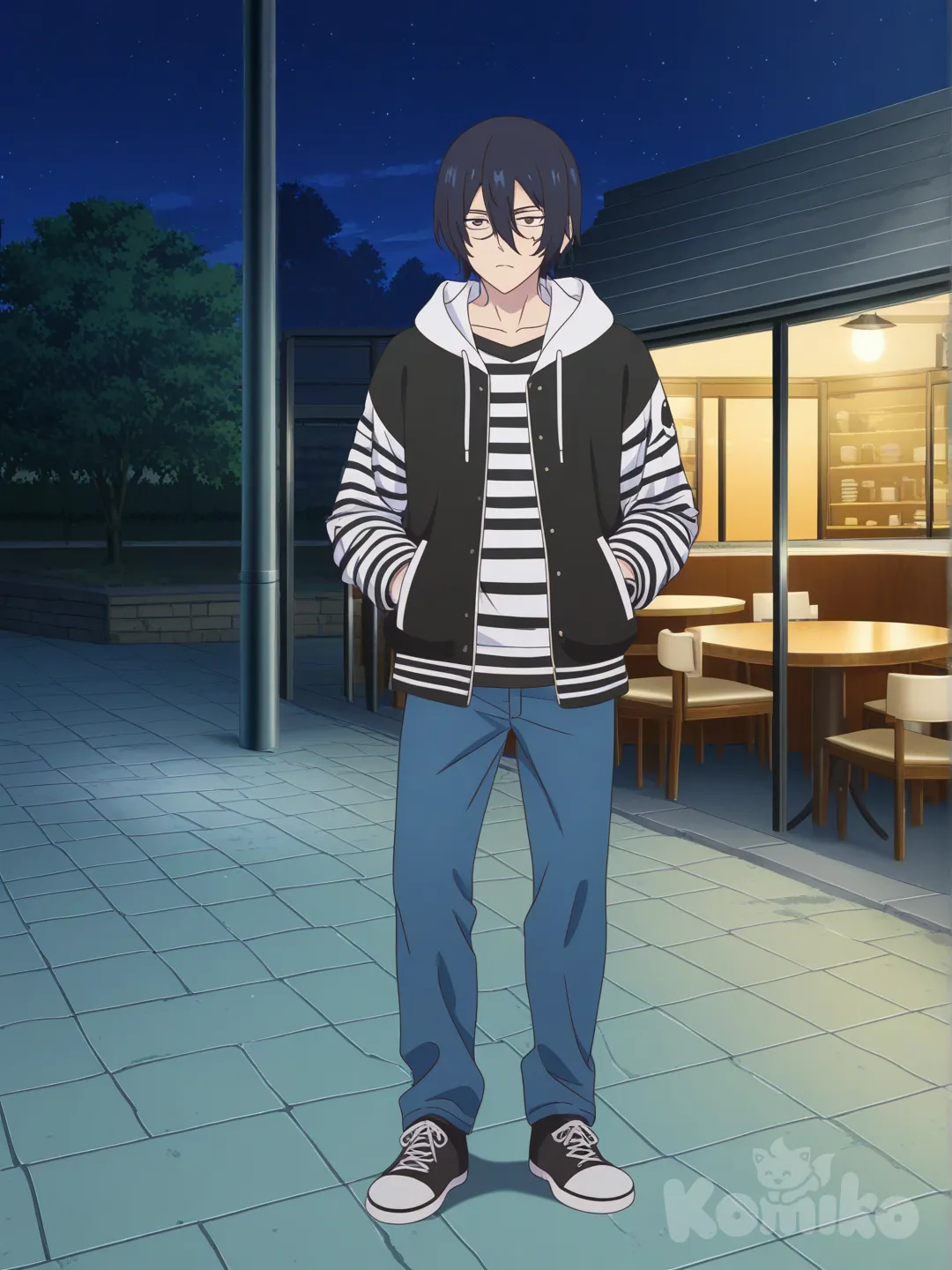 @Iguro_Obanai, [pop-anime-style], hands in pockets, hoodie, striped shirt, jeans, man bun, full body, night, cafe