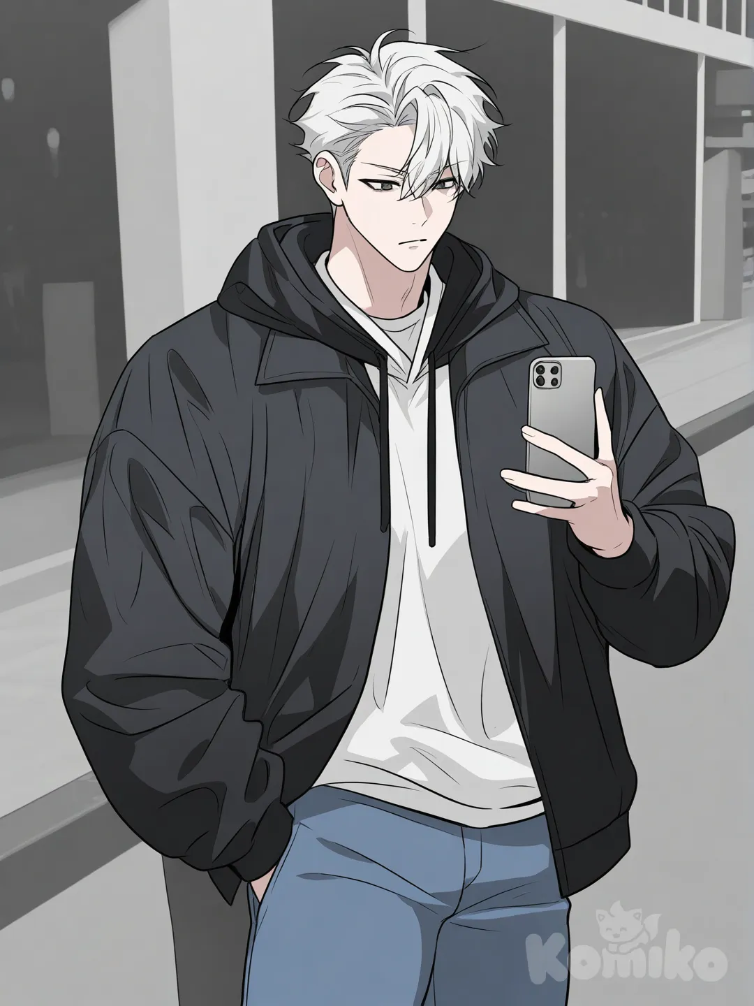 @Shinazugawa_Sanemi, looking at phone, frown, hoodie, jeans, jewelry, full body, day, [muscular-manhwa-style]