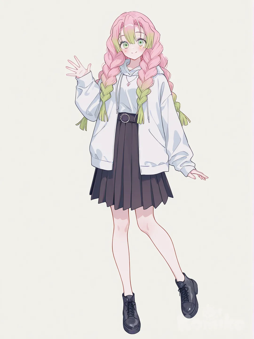 @Kanroji_Mitsuri, [soft-pastel-style], waving, smile, hoodie, pleated skirt, necklace, jewelry, diamonds, bun, full body, day