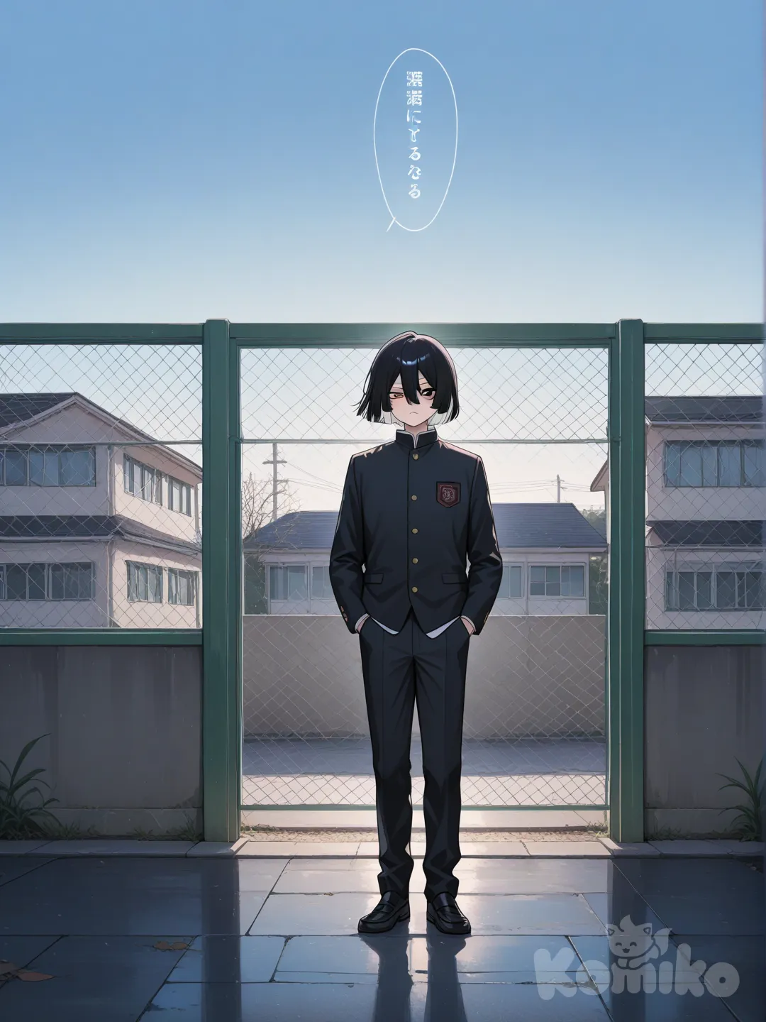 @Iguro_Obanai, hands in pockets, school uniform, charcoal black, full body, day, school