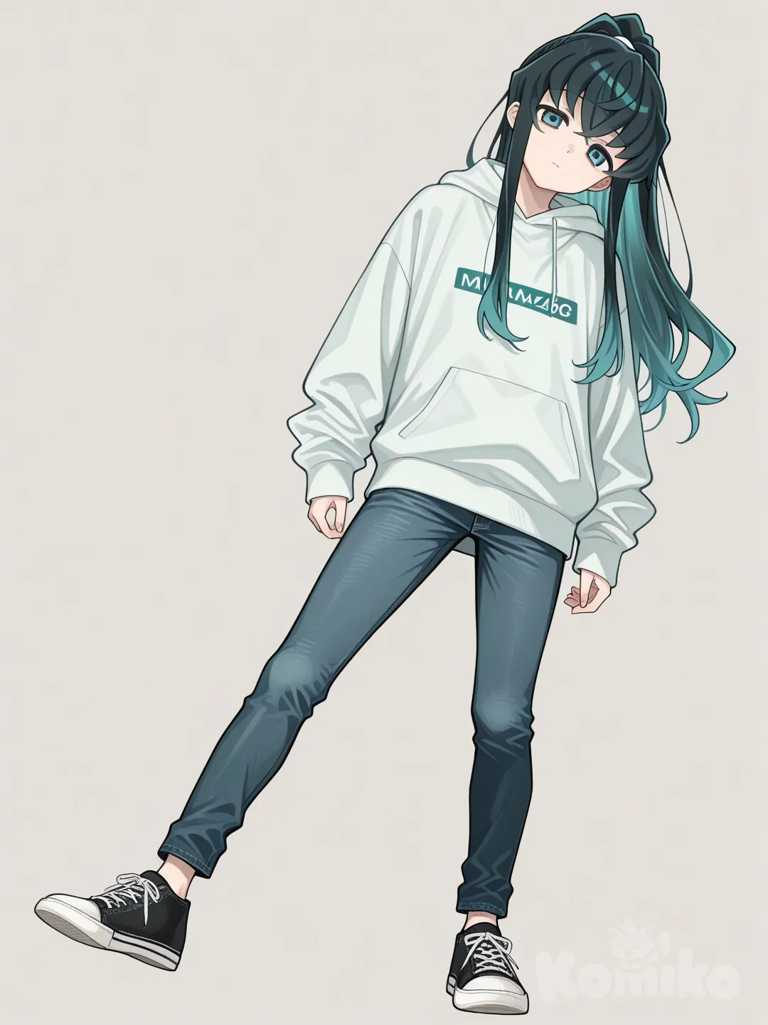 @Tokitou_Muichirou, head tilt,sweat shirt, jeans, full body, looking at viewer, day, clean background, high ponytail, black hair fades into teal