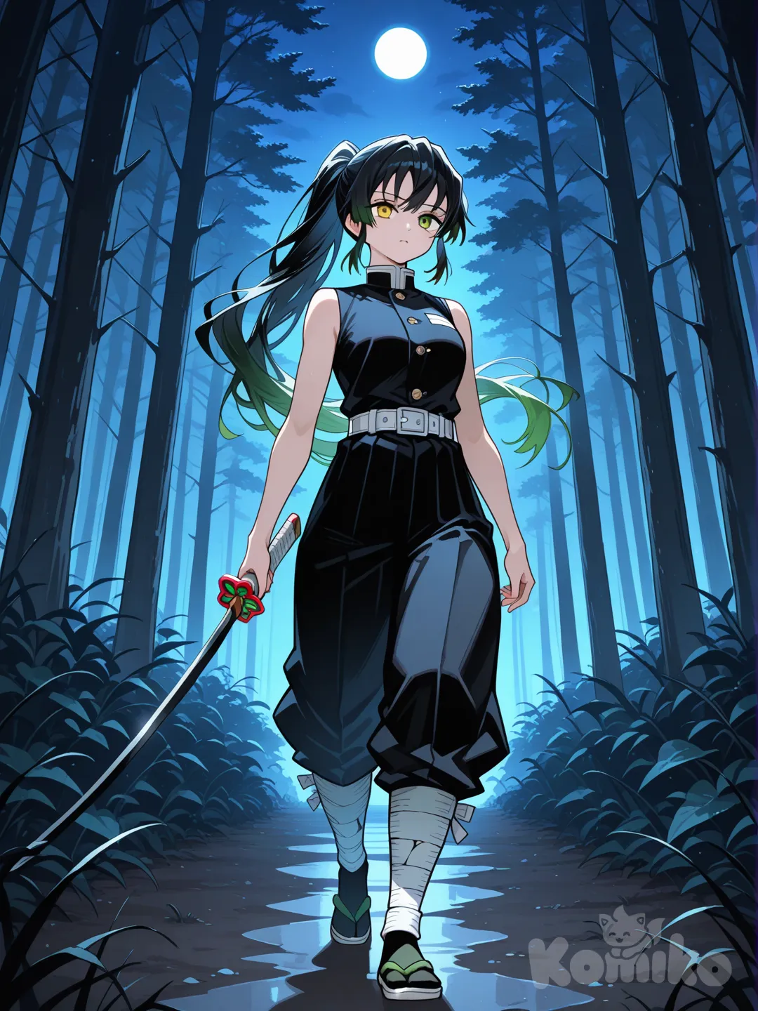 1girl, holding sword, standard demon slayer uniform sleeveless with pants, high ponytail, black hair, heterochomia eyes, left eye yellow, right eye green, full body, night, forest