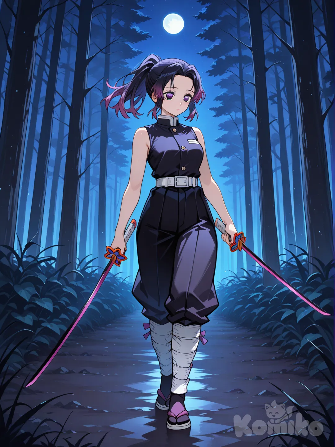 1girl, holding sword, Standard demon slayer sleeveless uniform, high ponytail, black hair that fades into dark purple, full body, night, forest