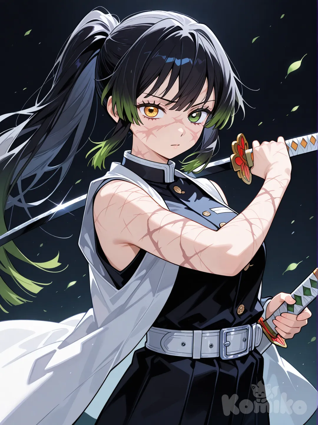 1girl, Demon slayer art style, holding sword, standard demon slayer uniform sleeveless with pants, black hair, ponytail, long hair, scars, heterochomia eyes, left eye yellow, right eye green, upper body, looking at viewer
