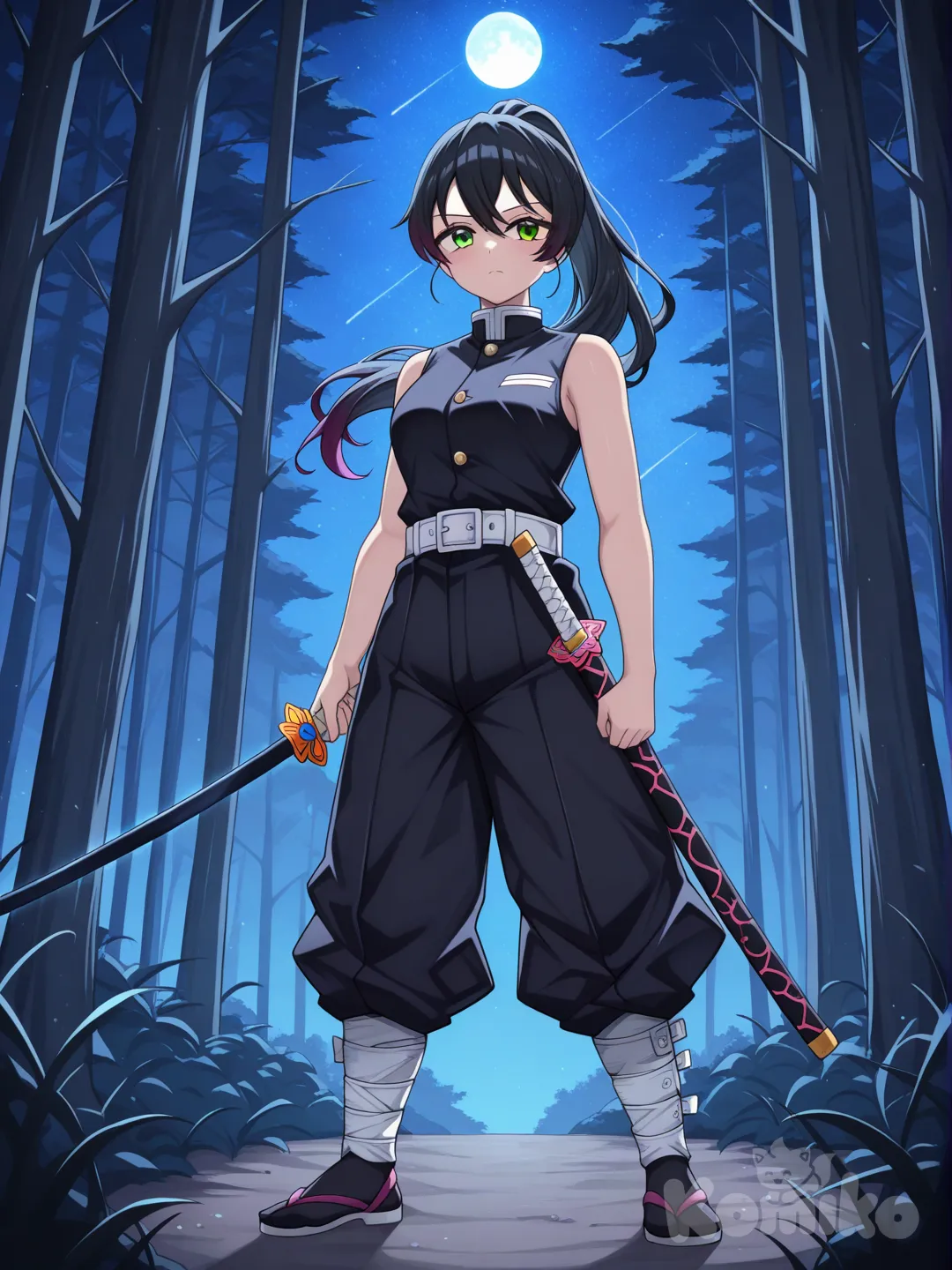 1girl, holding sword, standard sleeveless hashira uniform with pants, heterochomia eyes, left eye yellow, right eye green, high ponytail, black hair that fades into dark purple, long hair, full body, night, forest