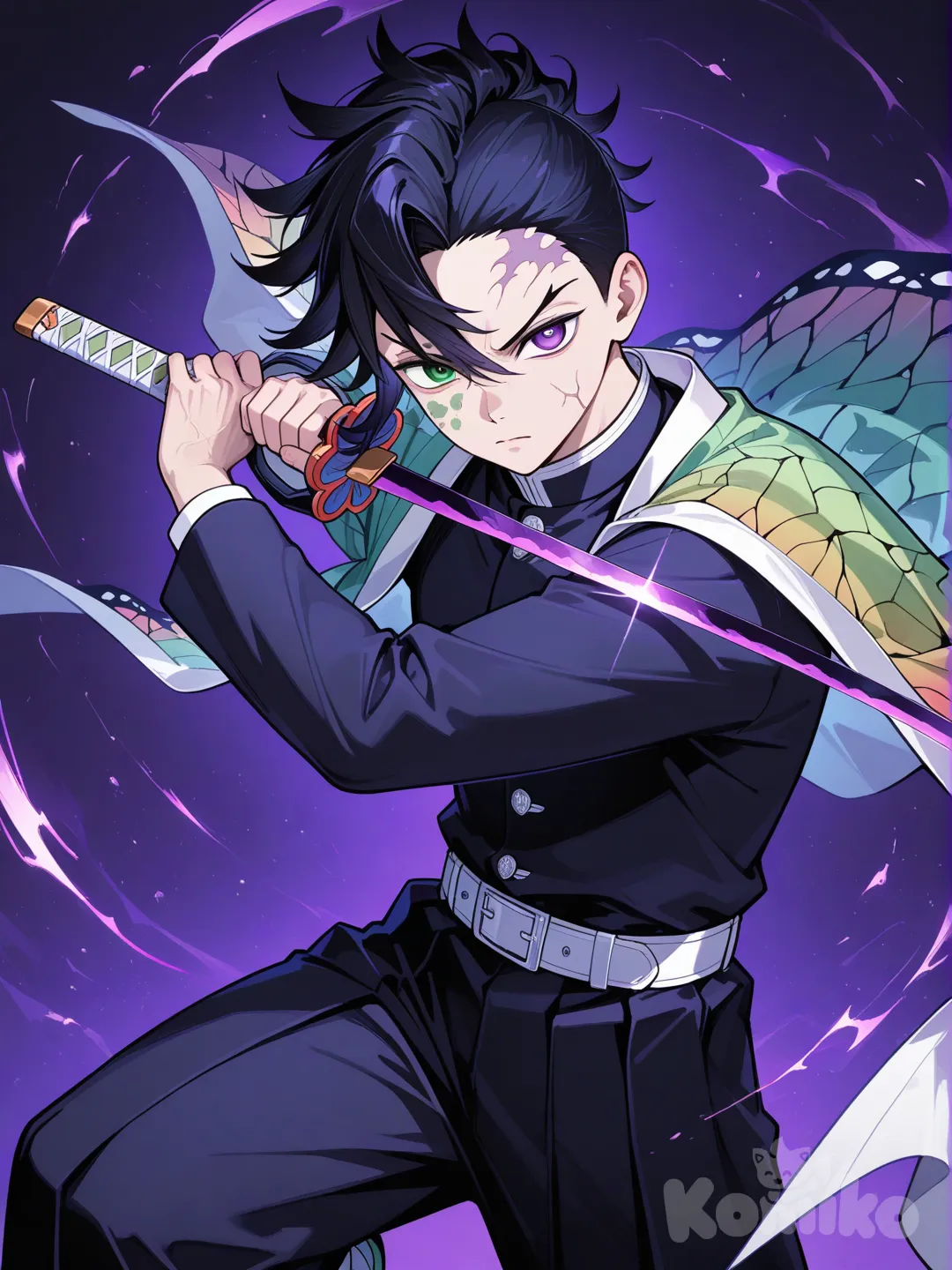 1boy, holding sword, demon slayer uniform, long black hair , mohawk, heterochomia right eye is purple, left eye is green