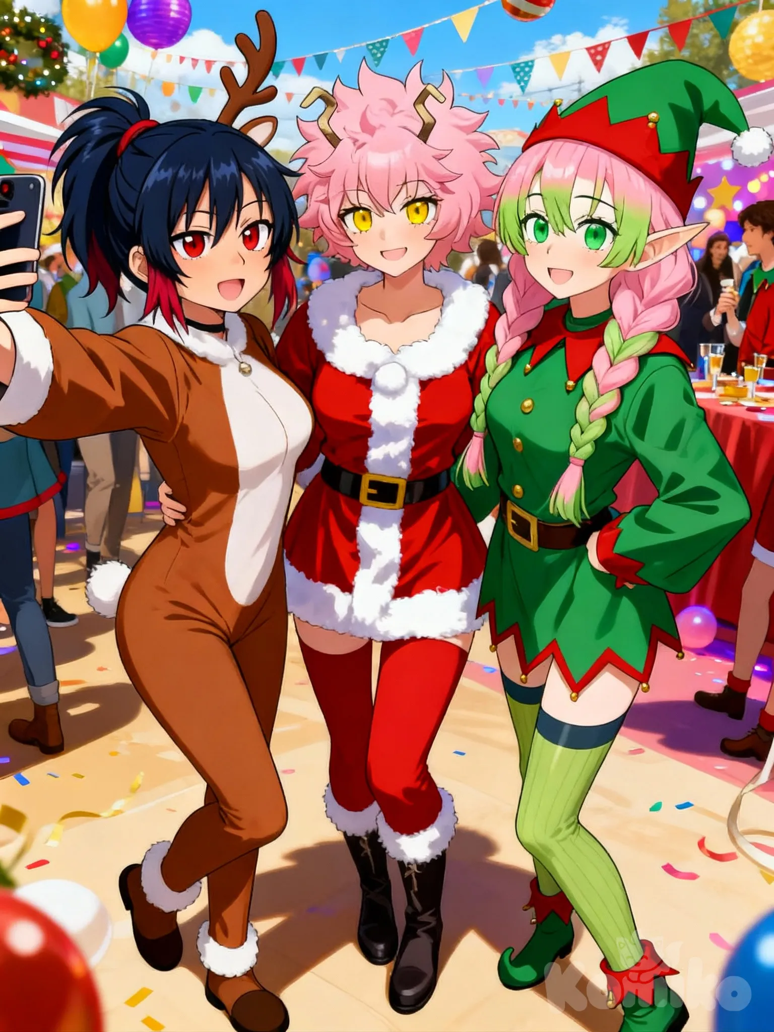 @astrid-QPTc, @Ashido_Mina, @Kanroji_Mitsuri, selfie, Astrid wearing reindeer outfit, Mitsuri wearing a elf outfit, Mina wearing Mrs. Clause outfit, full body, day, party