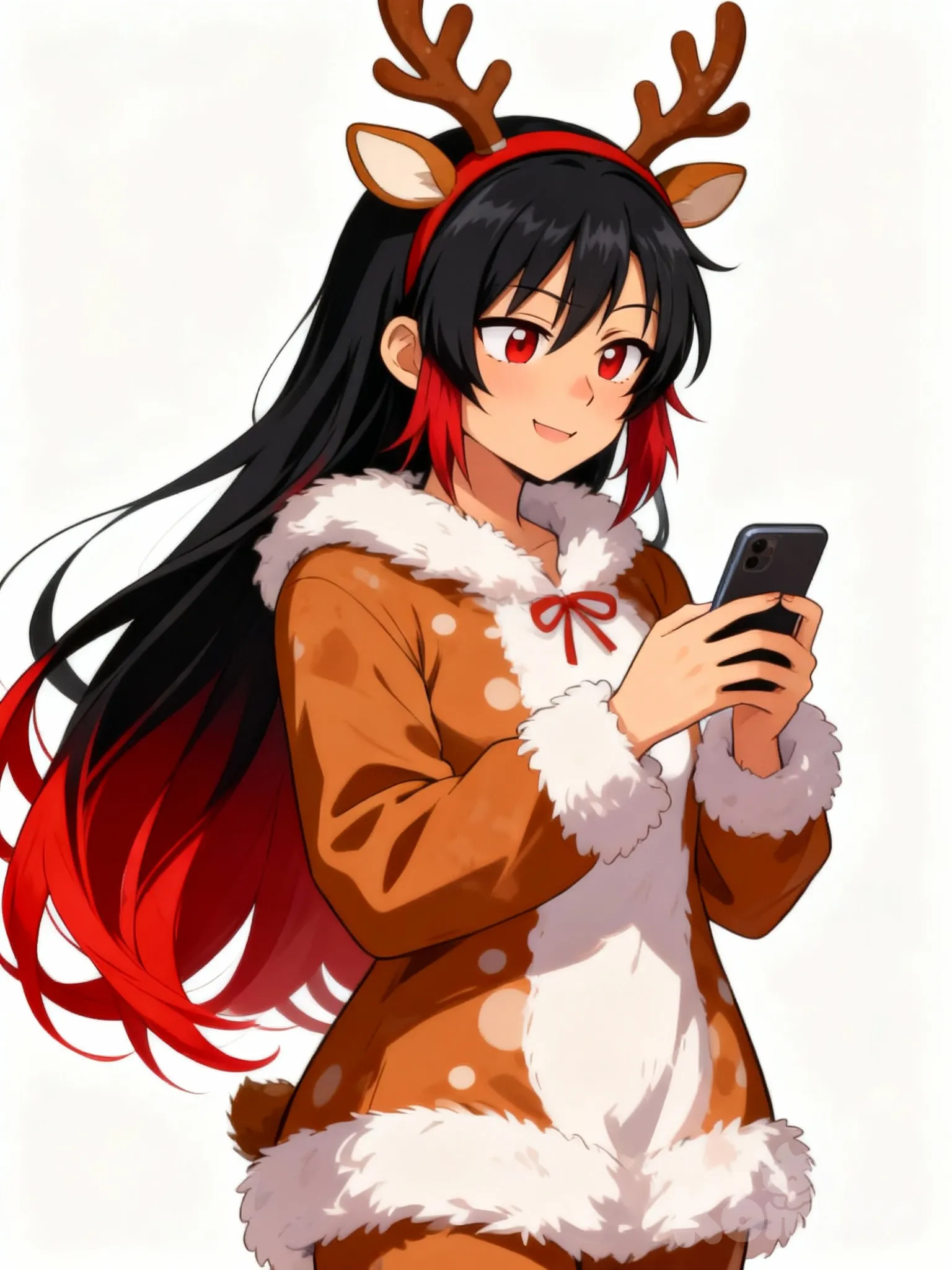 @astrid-QPTc, looking at phone, reindeer antlers, reindeer outfit, long black hair that fades into red