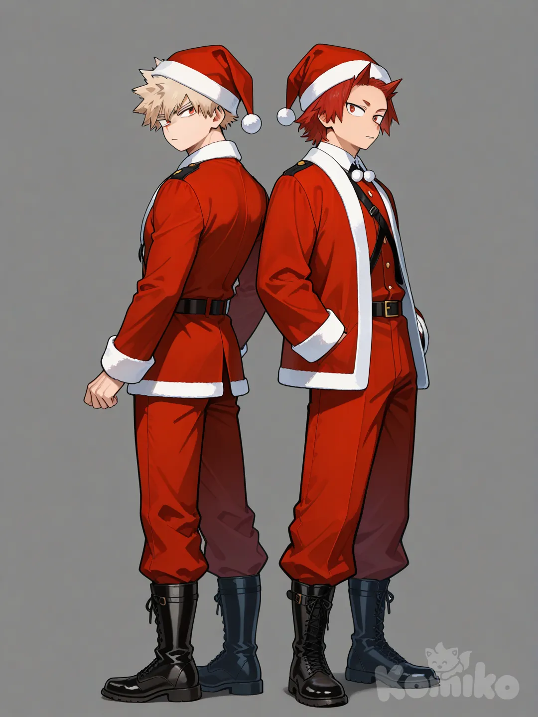 @Kirishima_Eijirou, @Bakugou_Katsuki, back to back, Kirishima in a Santa Clause outfit, Bakugou in a Santa clause outfit, full body