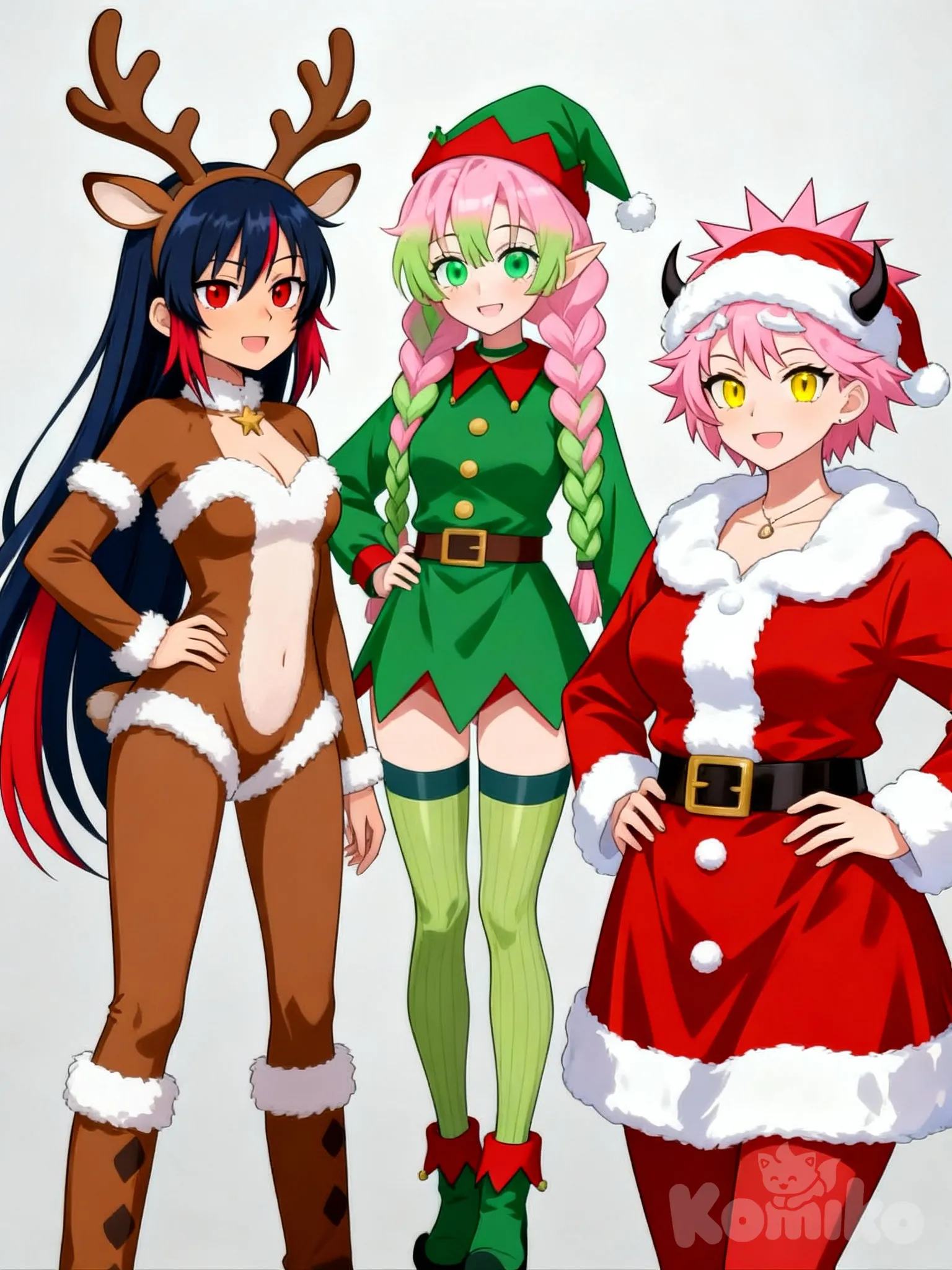 @astrid-QPTc, @Kanroji_Mitsuri, @Ashido_Mina, Astrid wearing a a reindeer outfit, Astrid wearing a reindeer antlers, Mitsuri wearing a elf outfit, Mina wearing a Mrs. Clause outfit,Astrid long hair