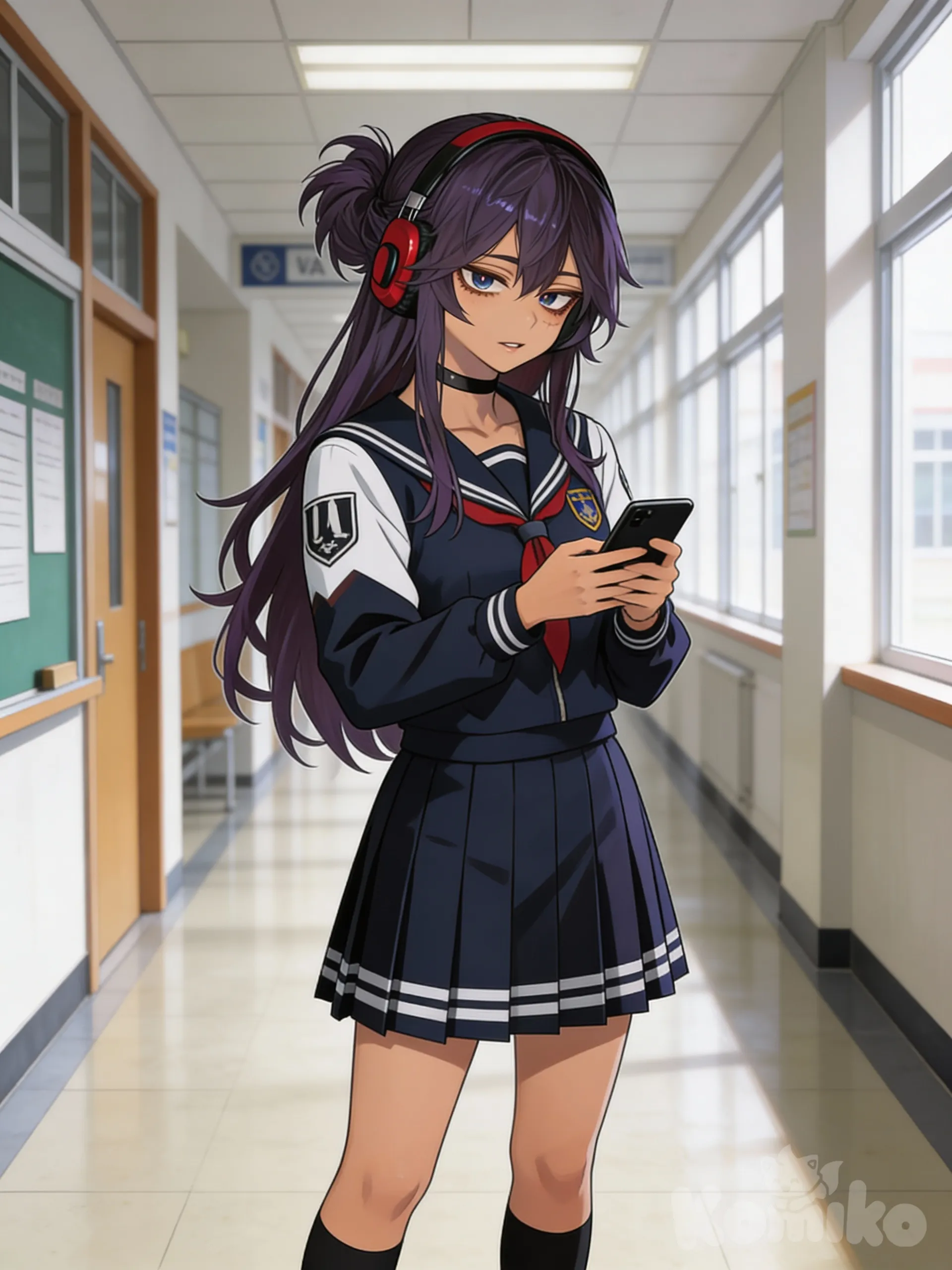 @calypso-uzui-onWl, looking at phone, wearing a UA highschool from Mha, full body, in UA high school