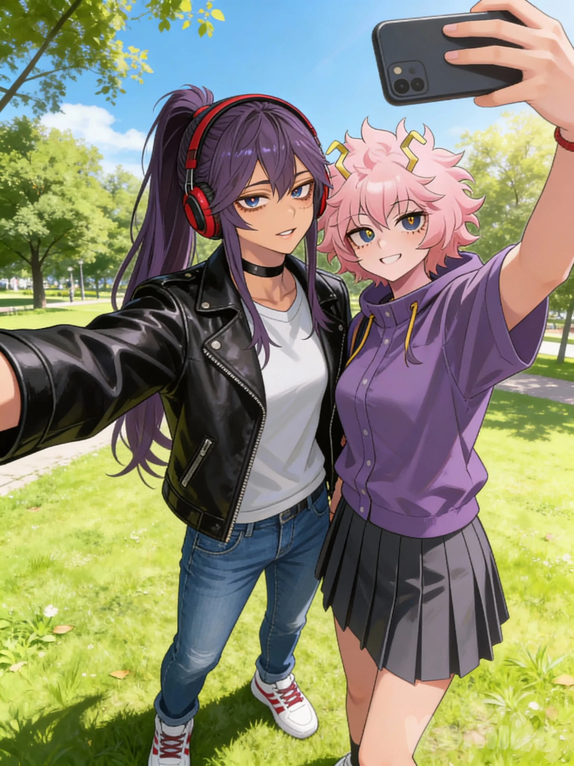 @calypso-uzui-onWl, Calypso in , leather jacket, t-shirt, jeans, @Ashido_Mina, selfie, pleated skirt, park