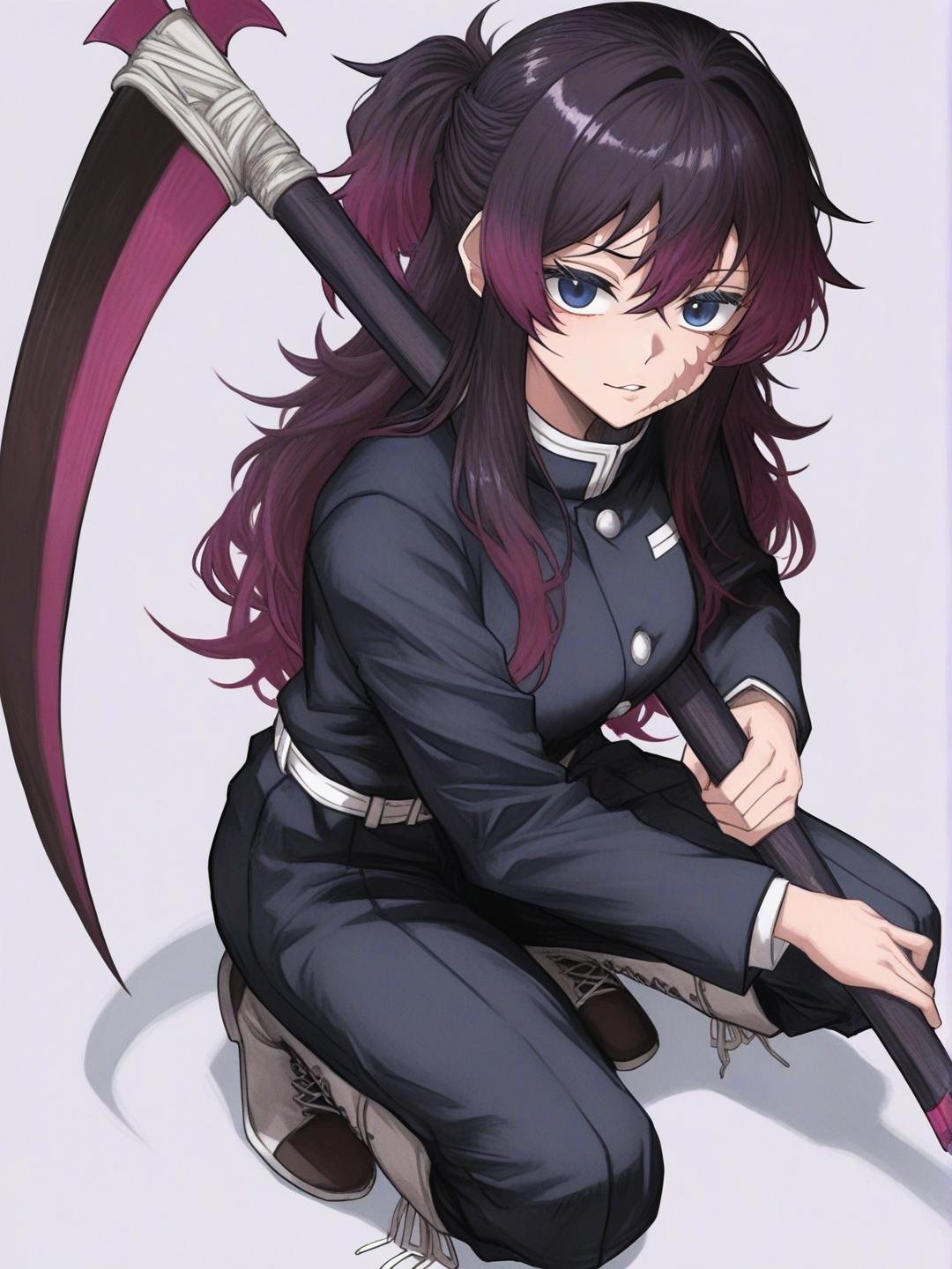 [semi-realistic-portrait-style] 1girl, demon slayer style, original character, teenager, athletic build, tall, dark purple hair, long hair, half up hairstyle, blue eyes, scar, tan skin, hashira uniform, pants, knee boots, laced boots, holding scythe, single character, full body, looking at viewer, simple background, white background