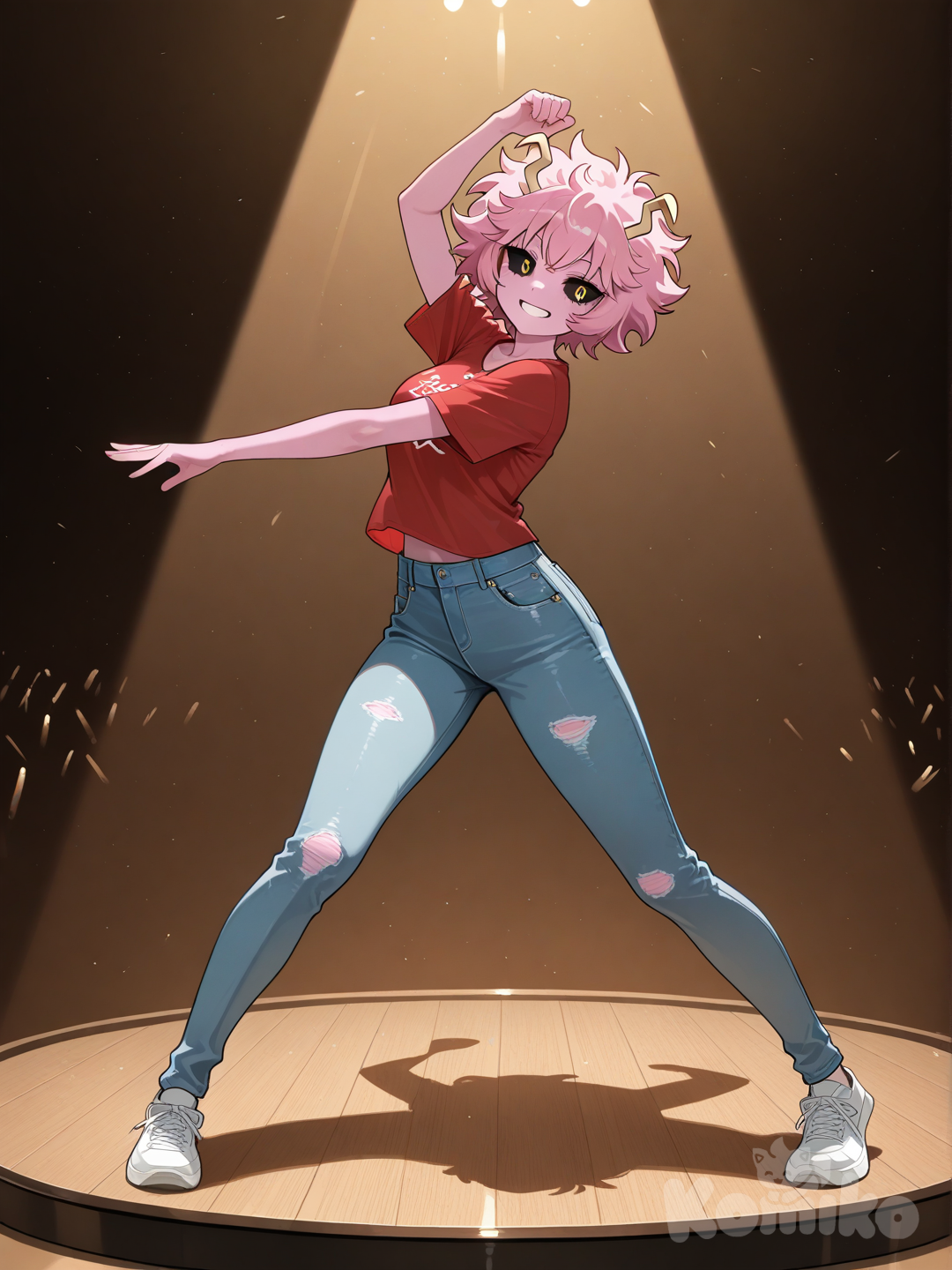 @Ashido_Mina, dancing, t-shirt, jeans, full body, top light, stage