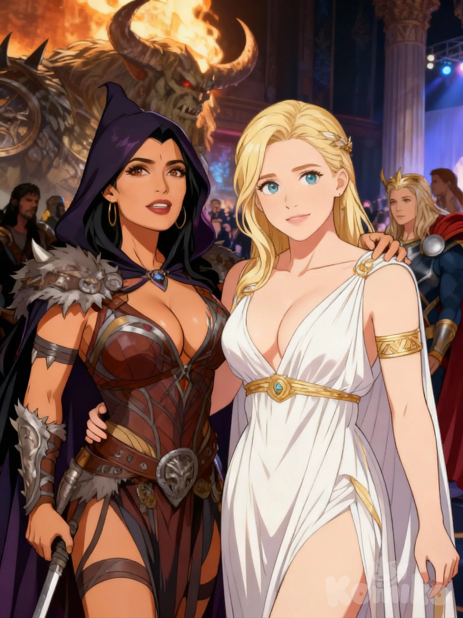 18+, 8dd44456e0a52da2575e7d53c635119e_100407 ‎dos mujeres disfrazadas posando para una foto en un evento, Salma Hayek as a barbarian, Salma Hayek as a sorceress, Salma Hayek, ella teta, Kristen Bell como diosa griega, mujer de 40 años, protagonizada en la película Thor: Ragnarok, celebridad, foto de perfil, foto filtrada, imagen filtrada, De Warcraft, Actrices famosas
‎Convierte está fotografía a un estilo anime manga