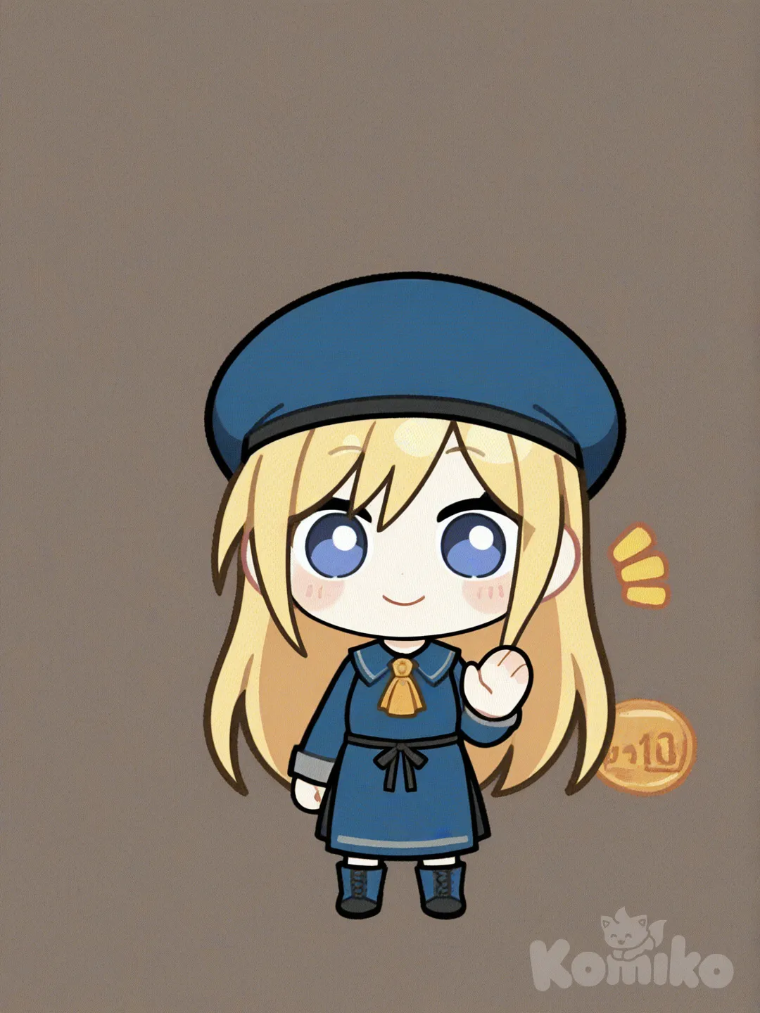 1girl, [flat-chibi-style], waving, smile, apron, ruffles, beret, bun, klein blue