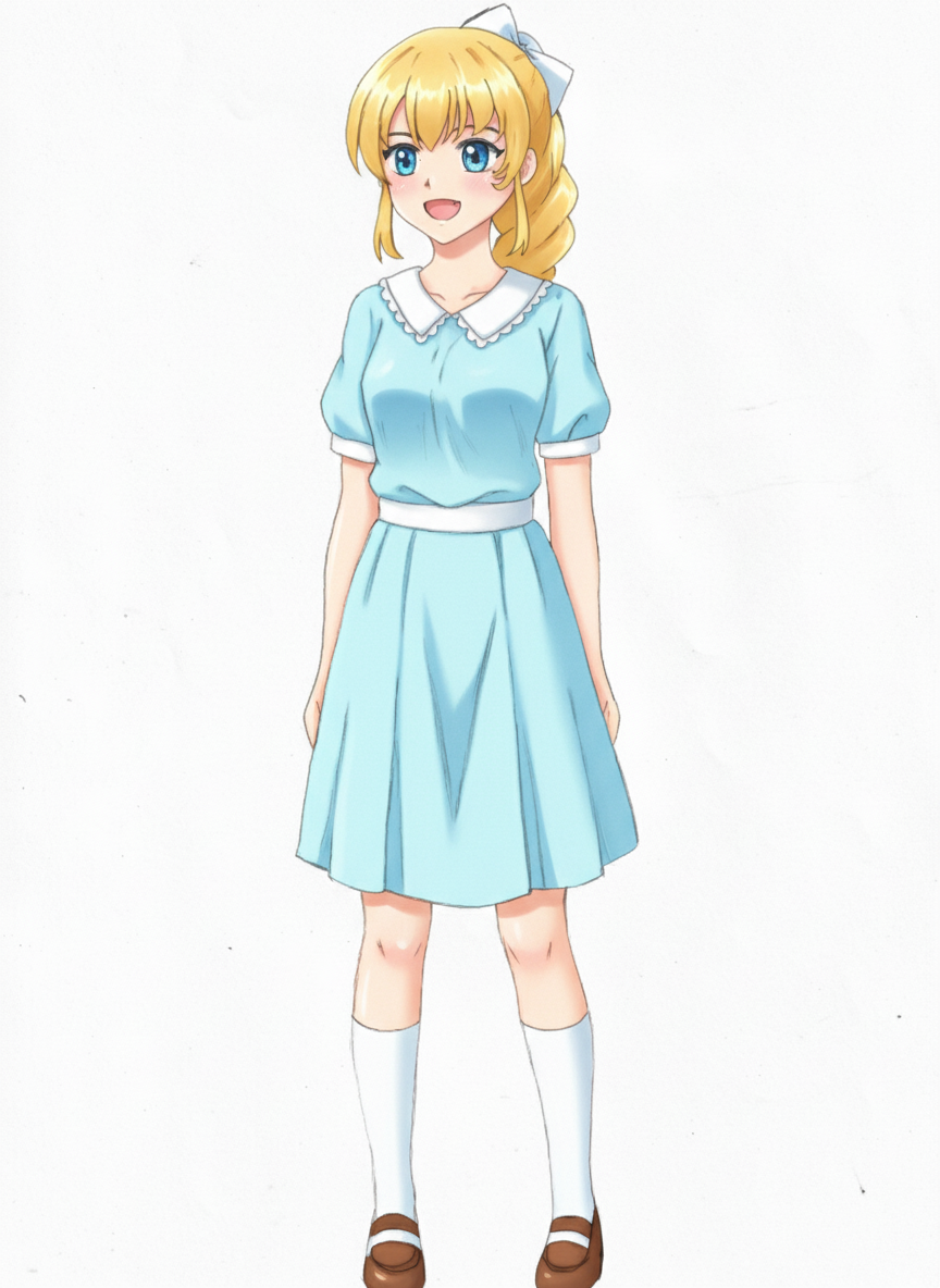 respect the reference image, follow the original drawing, keep proportions, maintain the face and hairstyle, based on the reference, accurate to original、青い目、金色の髪