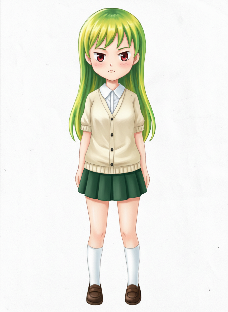 respect the reference image, follow the original drawing, keep proportions, maintain the face and hairstyle, based on the reference, accurate to original、少し黄色の髪、緑の髪色、目は赤色