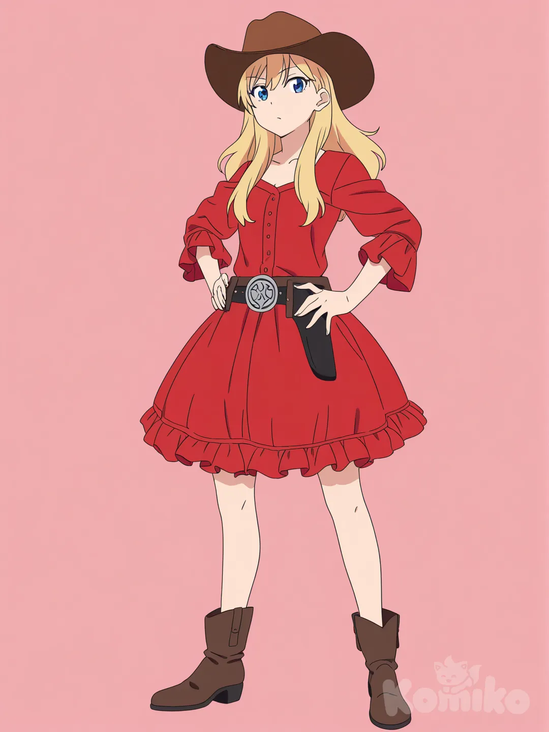 1girl, [pop-anime-style], full body, cowboy hat, ruffles