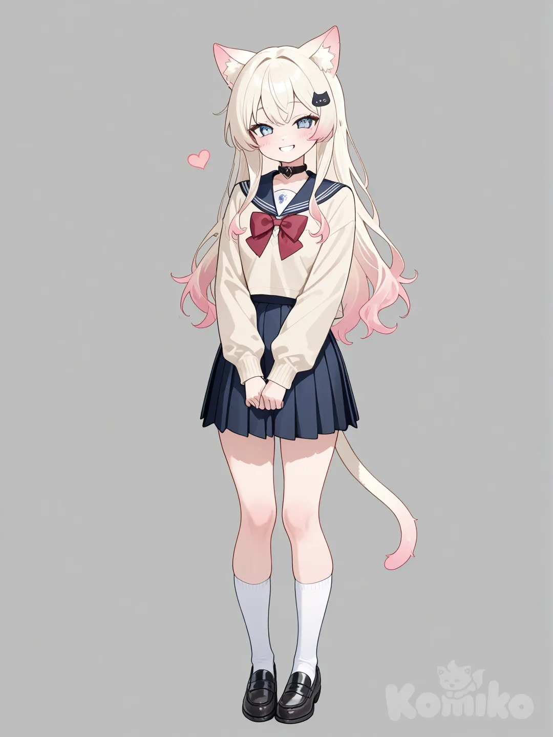 1girl, smile, school uniform, cat ears, full body