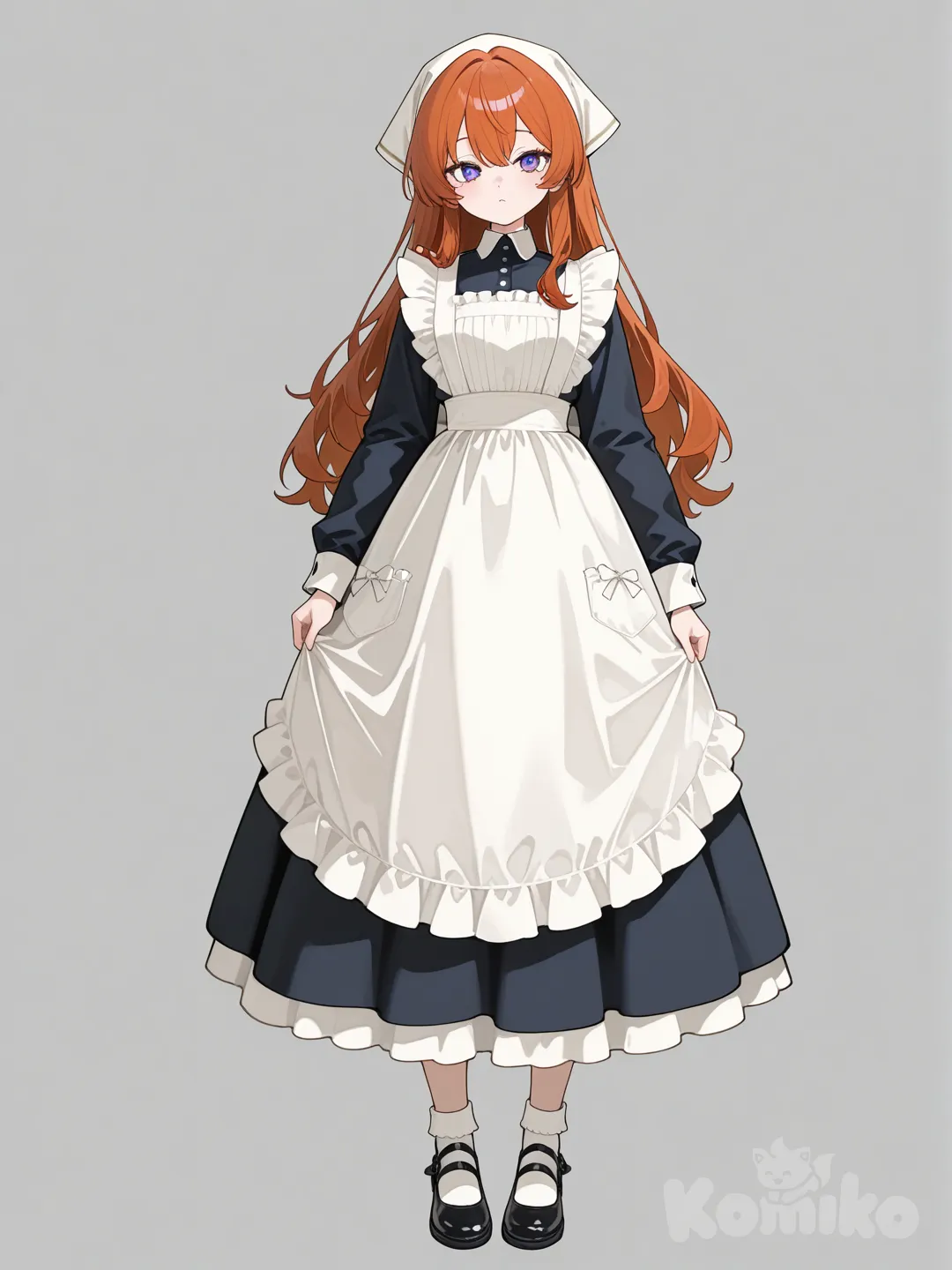 1girl, apron, ruffles, headscarf, full body