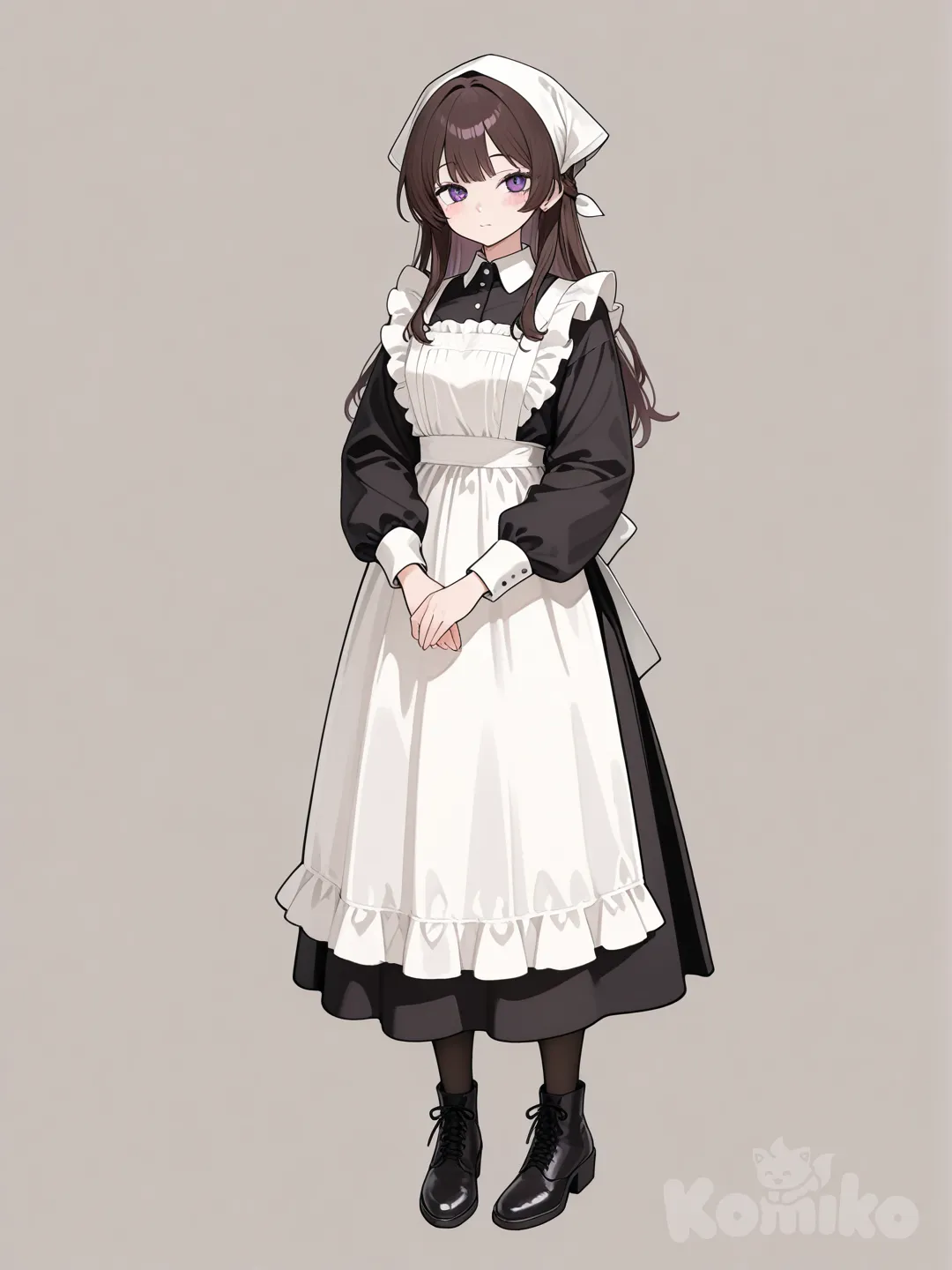 1girl, apron, ruffles, headscarf, full body