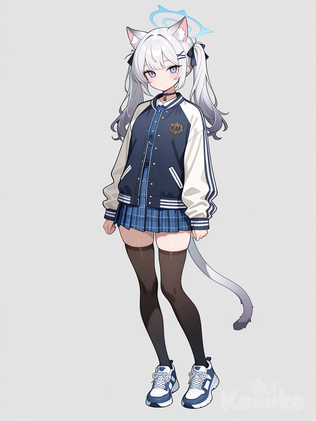 1girl, varsity jacket, full body, cat ears, twin tails