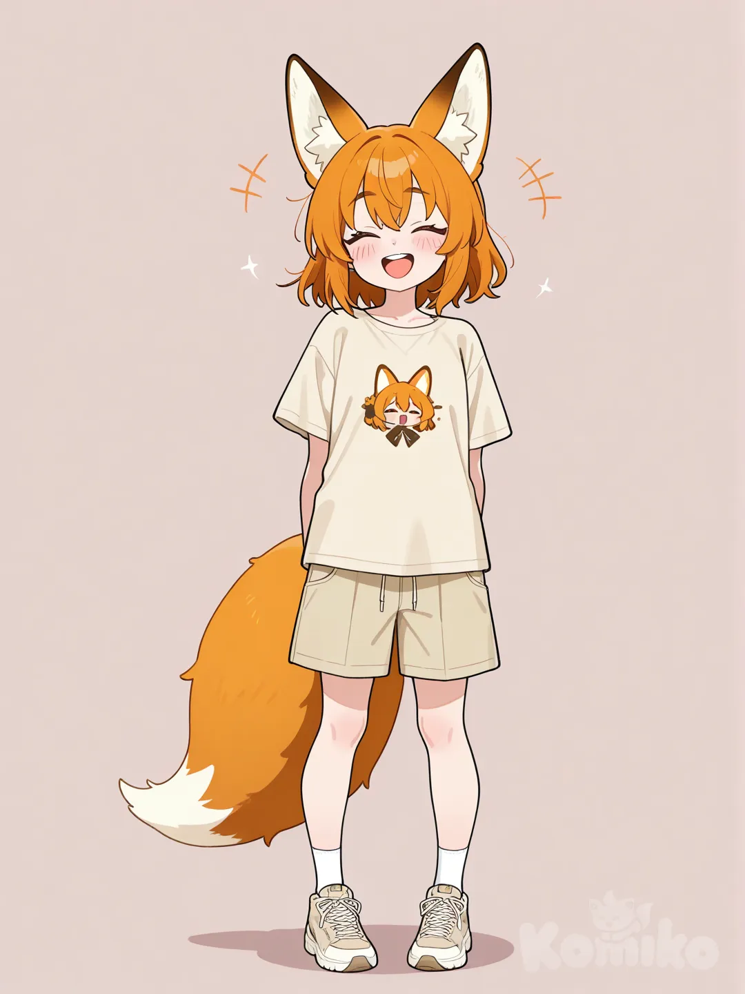 1girl, laughing, khaki, fox ears, full body