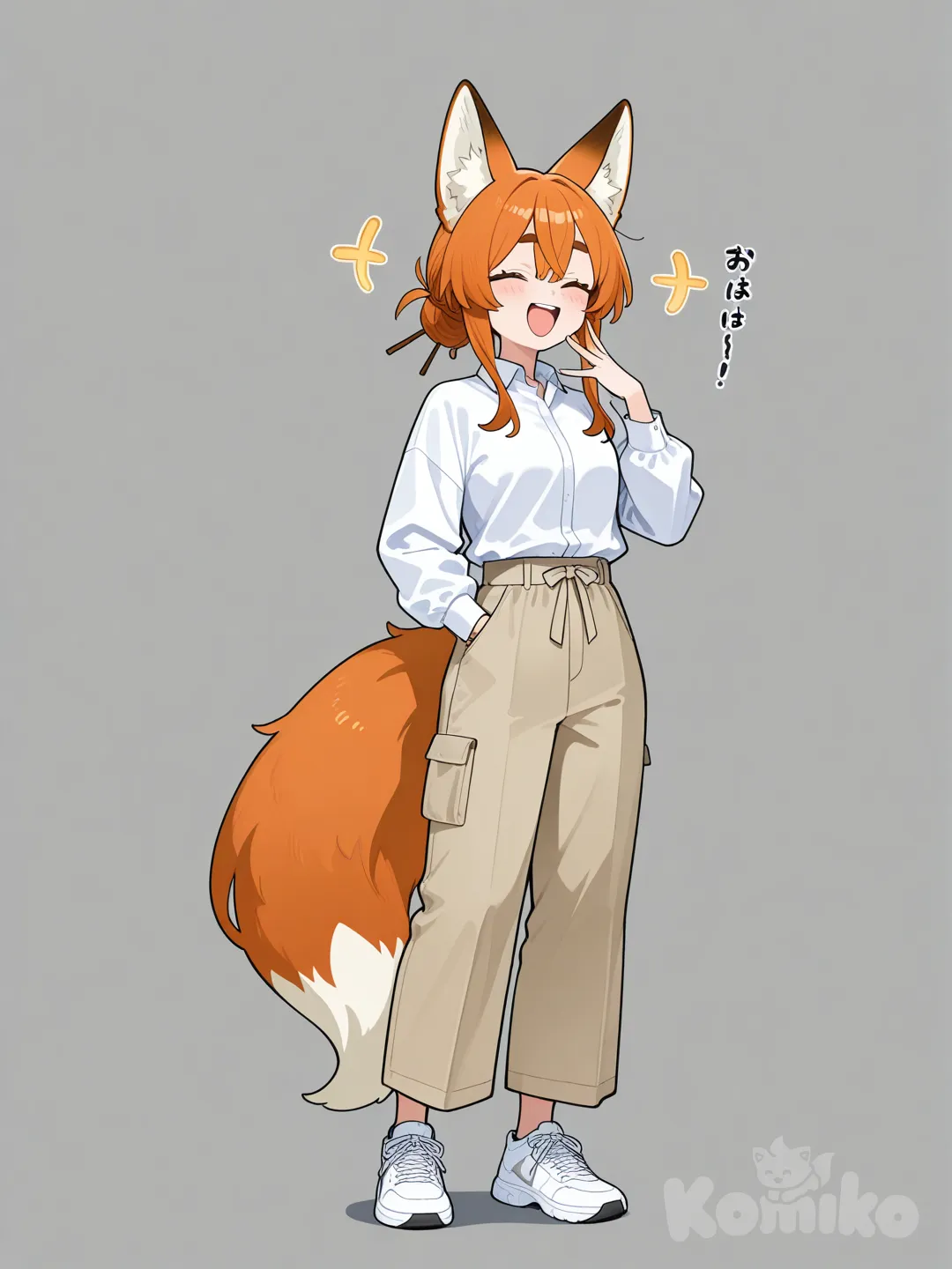 1girl, laughing, khaki, fox ears, full body