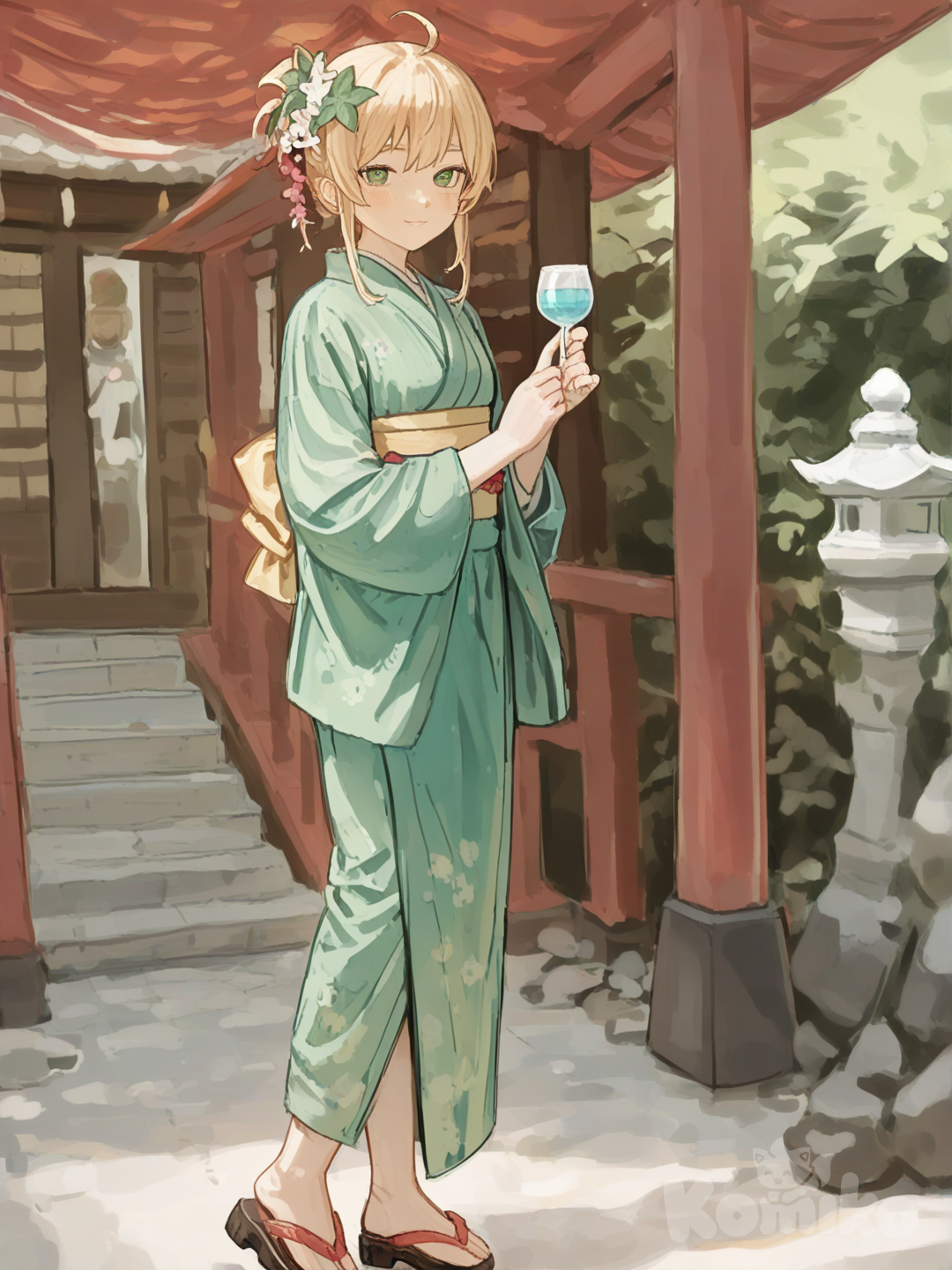 和服女子グラスを持つ