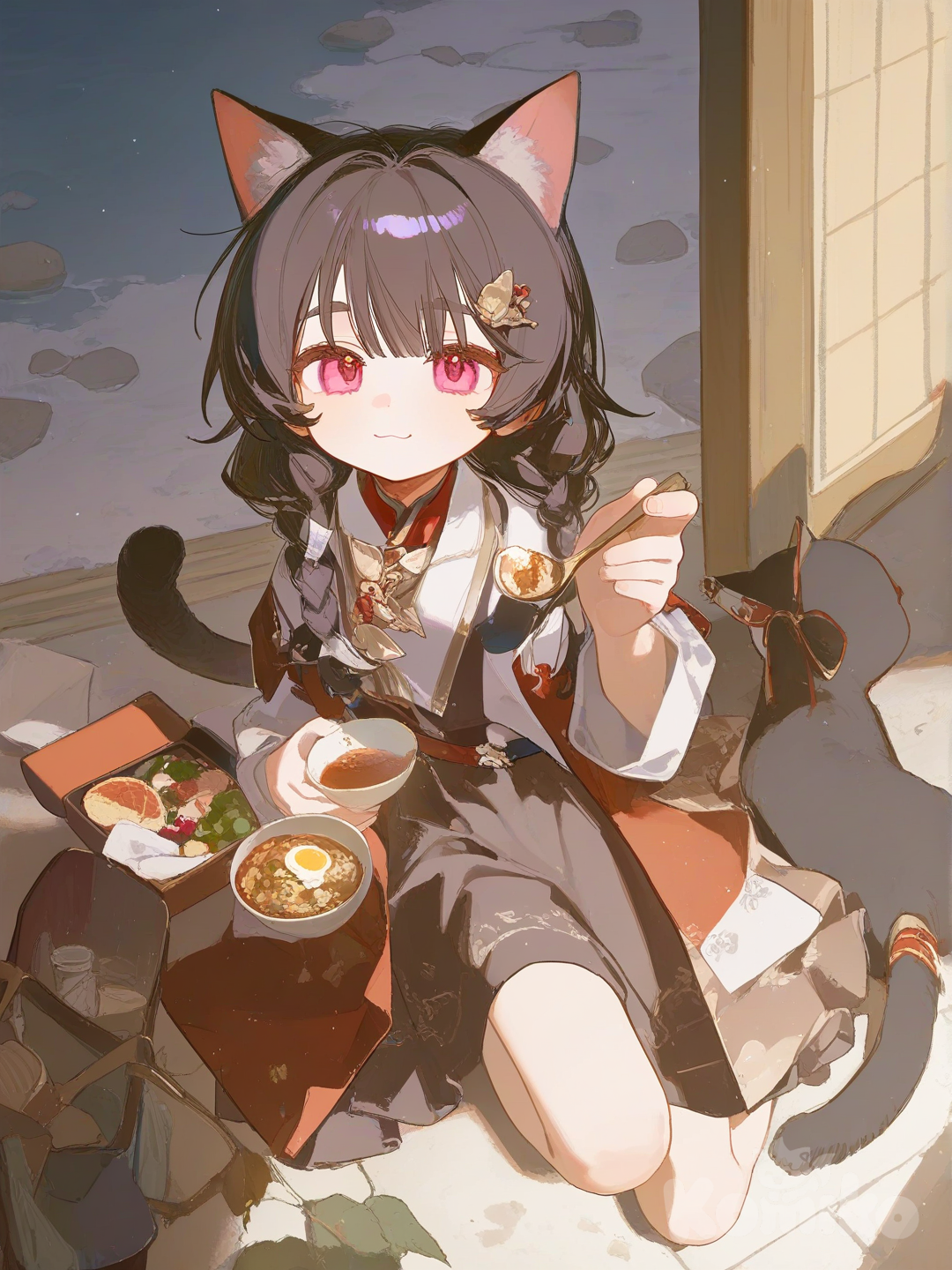 雑炊を食べさせてくれる猫