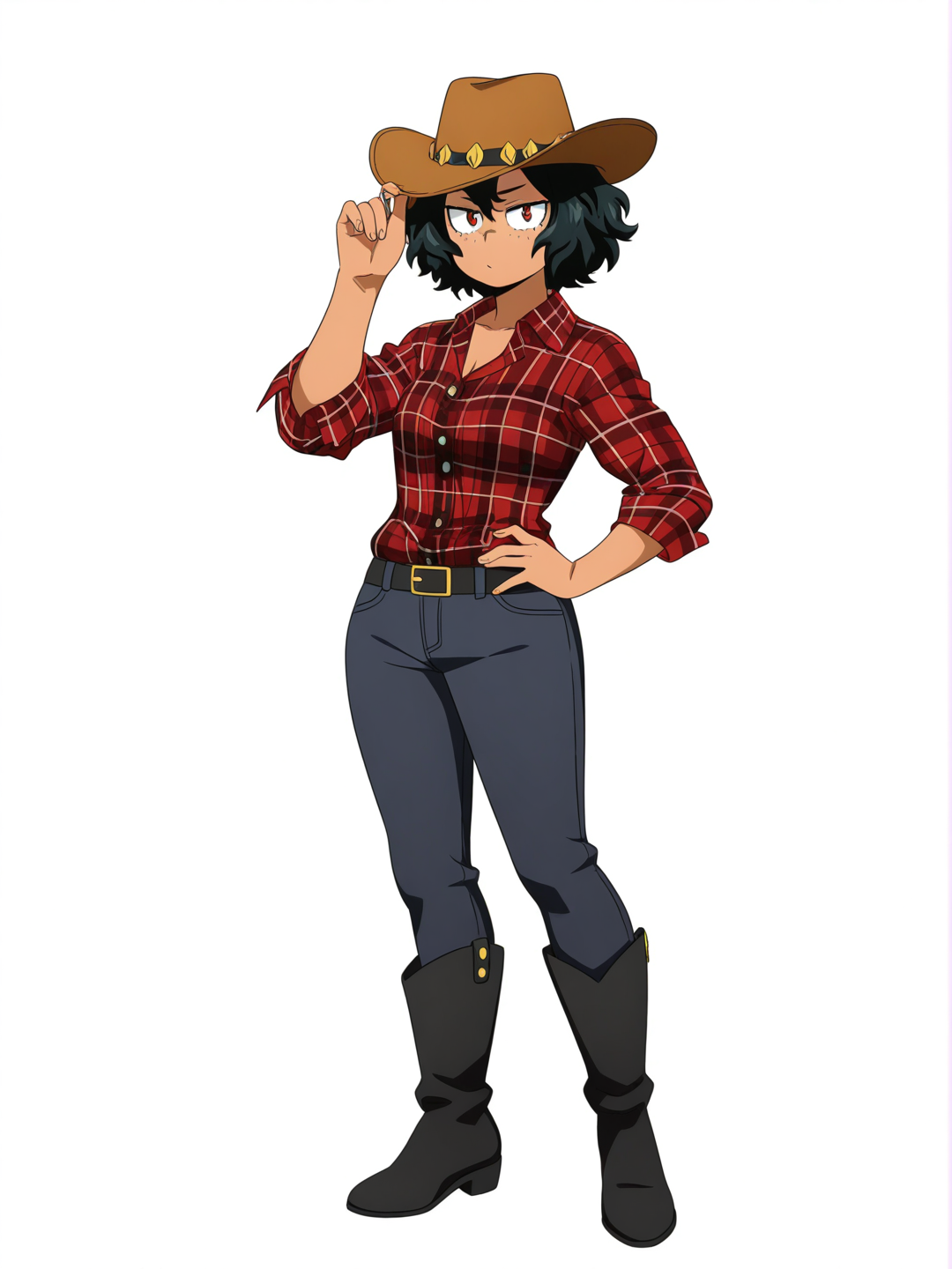 [pop-anime-style] 1girl, solo, my_hero_academia, teenage, mature female, curvy, petite, standard body, small_breasts, medium_breasts, short_hair, black_hair, curly_hair, red_eyes, freckles, tan, plaid_shirt, black_jeans, black_cowboy_boots, cowboy_hat, mischievous_smile, single character, full body, looking at viewer, anime style, simple background, white background