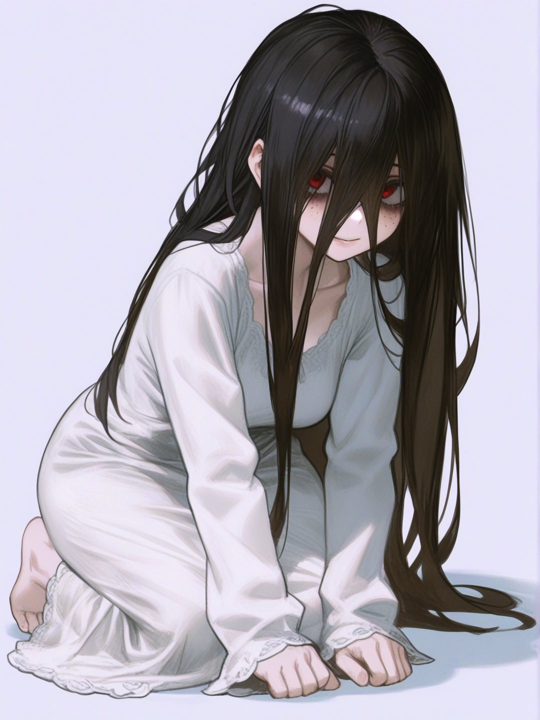 [semi-realistic-portrait-style] 1girl, my hero academia, original character, solo, teenager, mature, curvy, petite, black hair, long hair, hair over eyes, sadako-style hair, red eyes, freckles, pale skin, white nightgown, long sleeves, form-fitting, barefoot, single character, full body, looking at viewer, anime style, simple background, white background