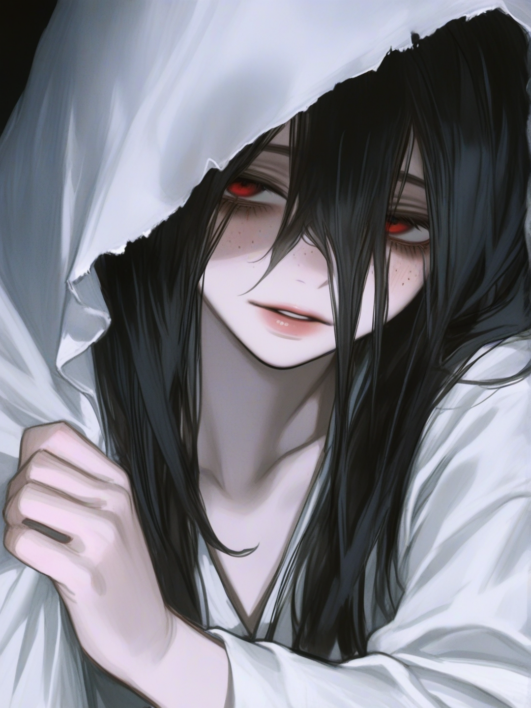 [semi-realistic-portrait-style] 1 girl, My Hero Academia style, original character from the My Hero Academia universe, teenage, mature, curvy, petite, black hair, long hair, hair falling over her face like Sadako's, red eyes, freckles, pale skin, a white long-sleeved shirt clinging to her body... she is barefoot, the tip